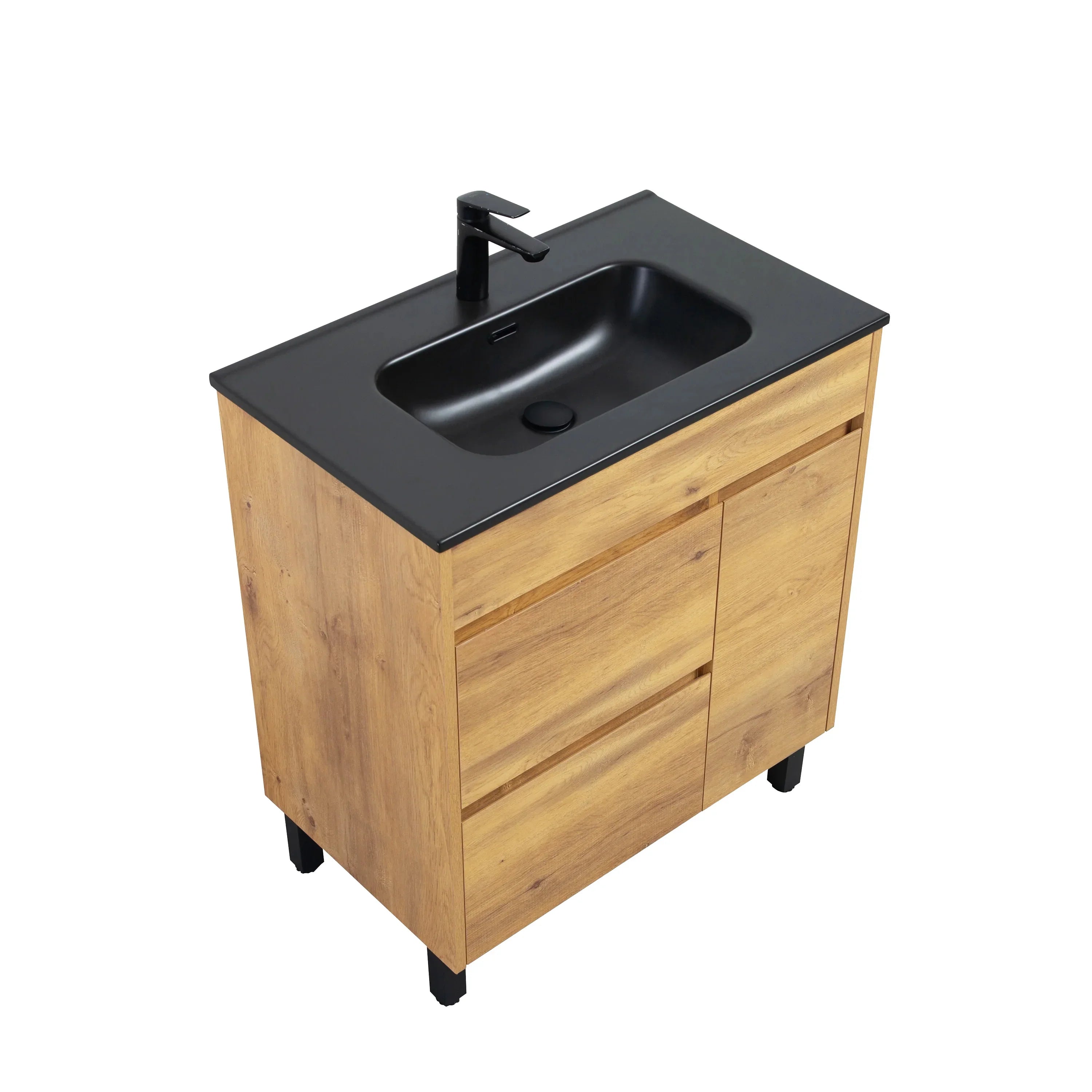30" Frosted Oak Freestanding Single Sink Bathroom Vanity with Black Ceramic Countertop