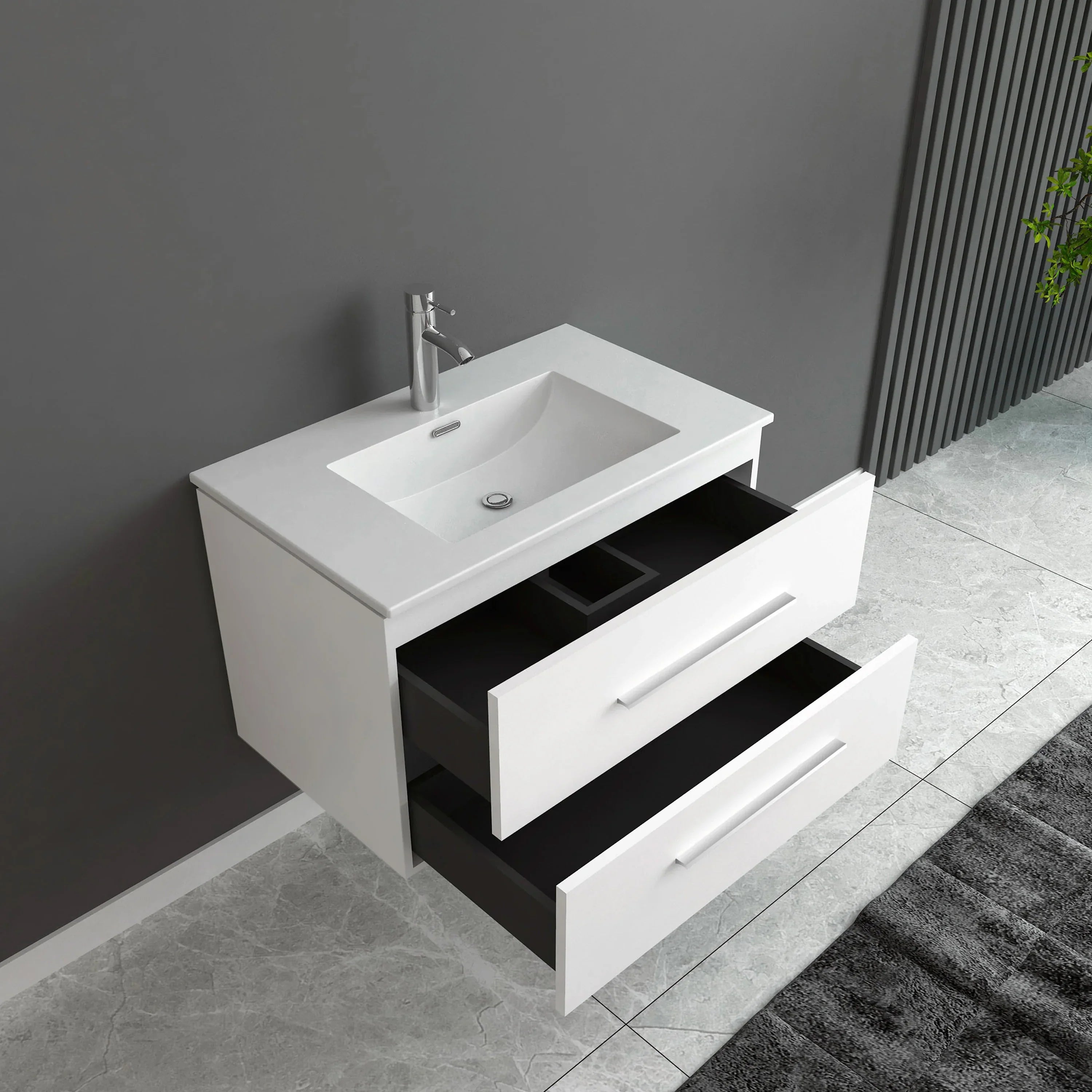 30" Matte White Wall Mount Bathroom Vanity with White Ceramic Countertop