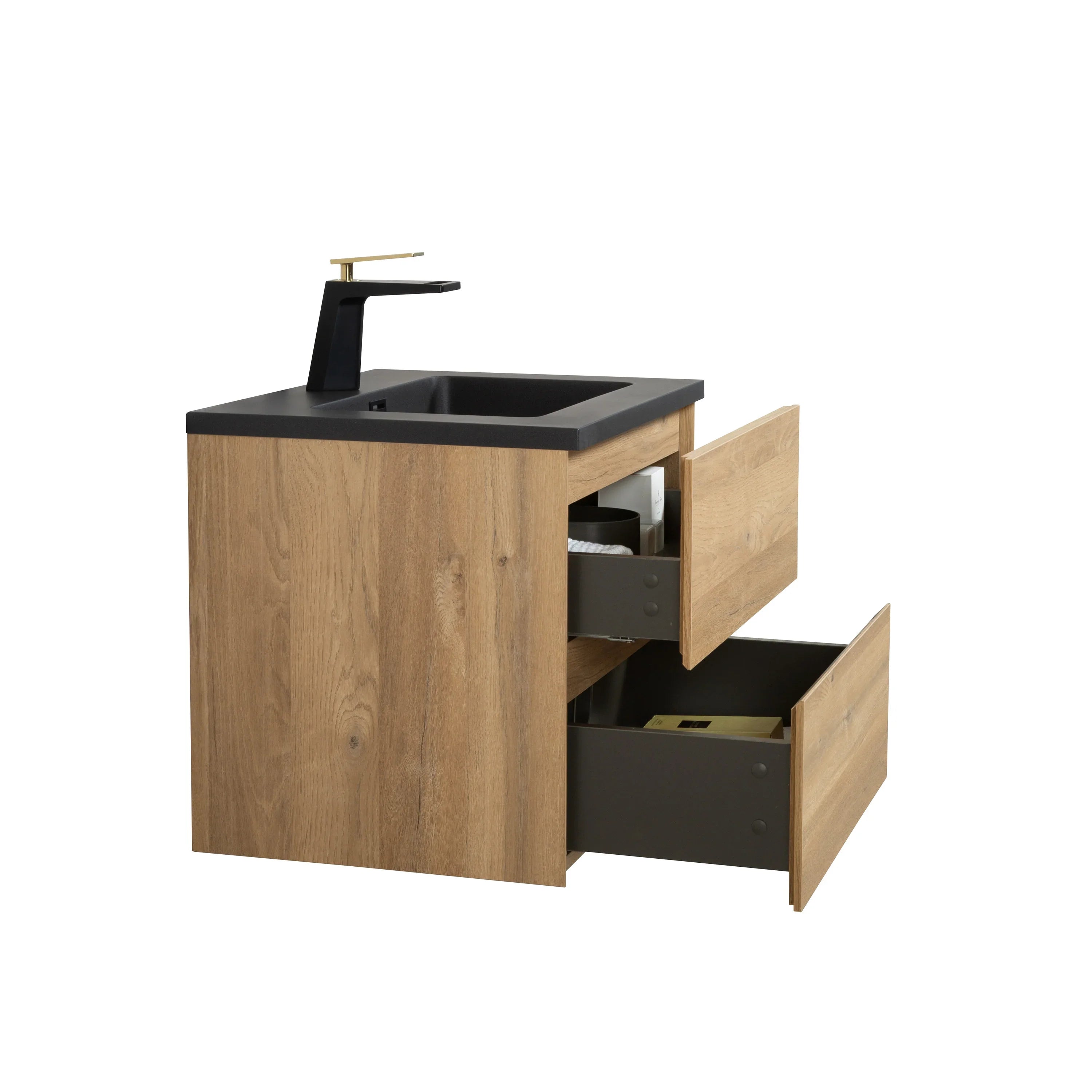 Meuble-Lavabo Mural 24po Chêne Brut avec Comptoir de Quartz d'ingénierie Noir
