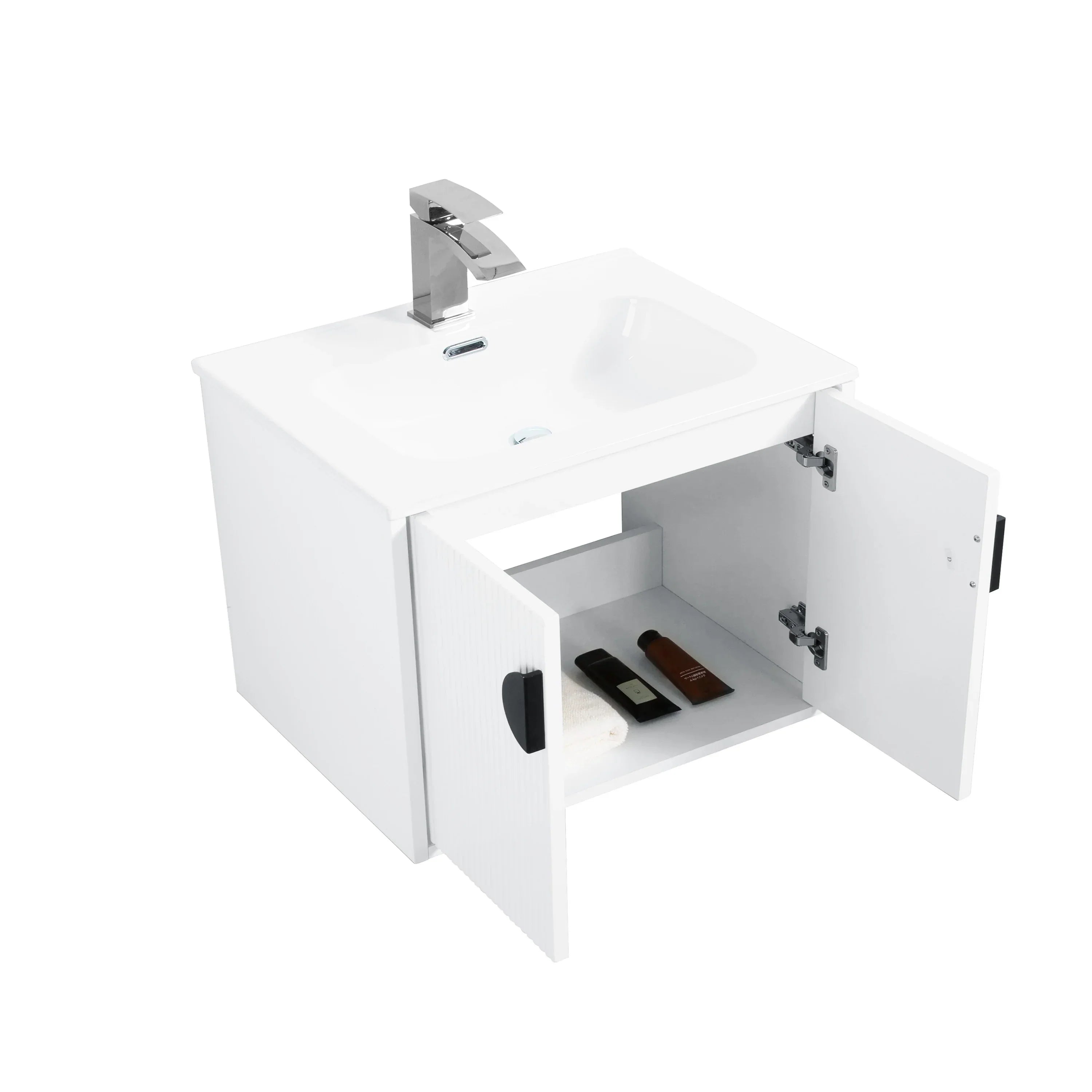 30" White Wall-Mount Single Sink Bathroom Vanity with White Ceramic Countertop