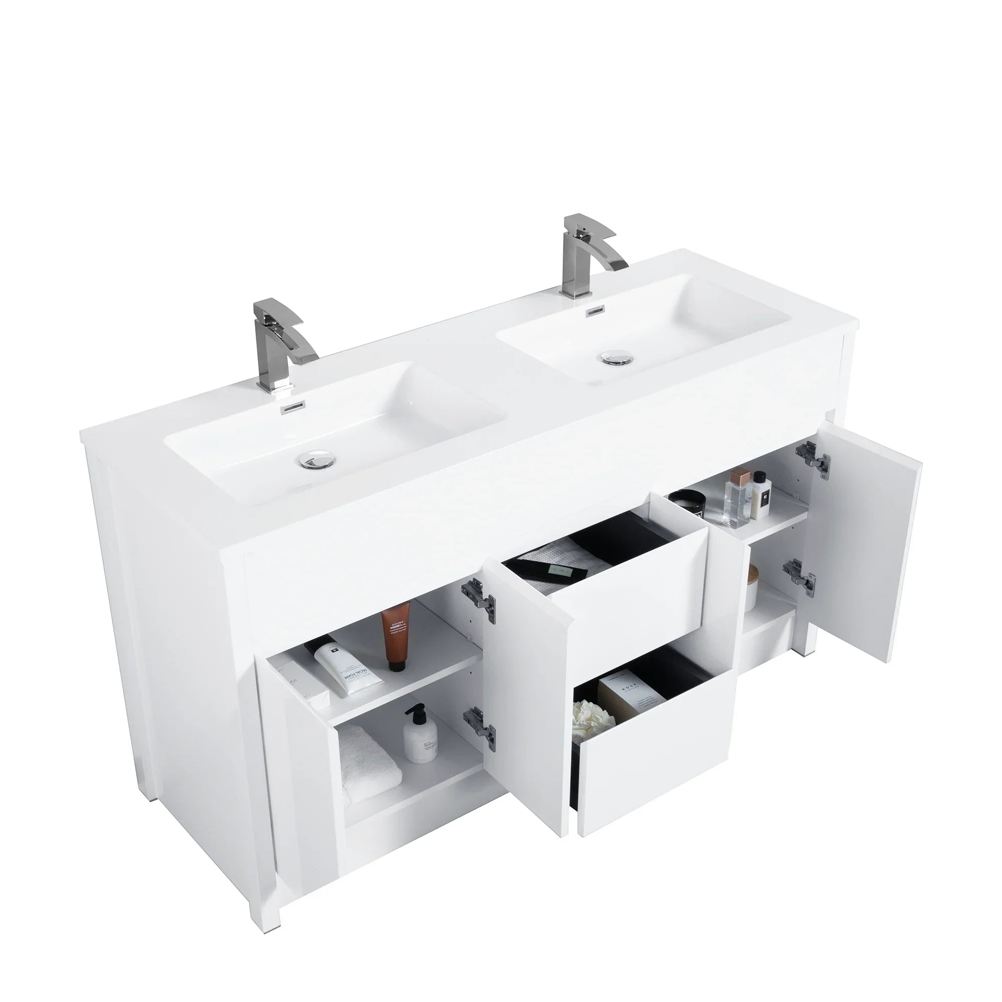Meuble-Lavabo Autoportant 60po Blanc Mat avec Comptoir de Polymarbre Blanc