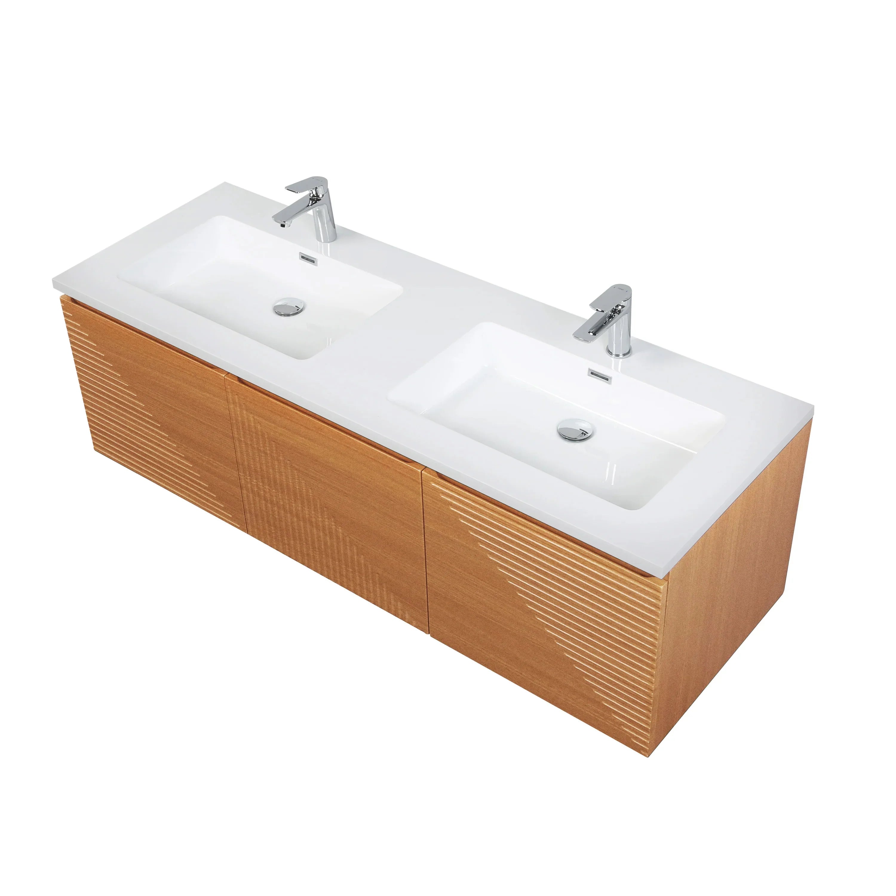 60" Light Oak Wall-Mounted Double Sink Bathroom Vanity with White Polymarble Countertop