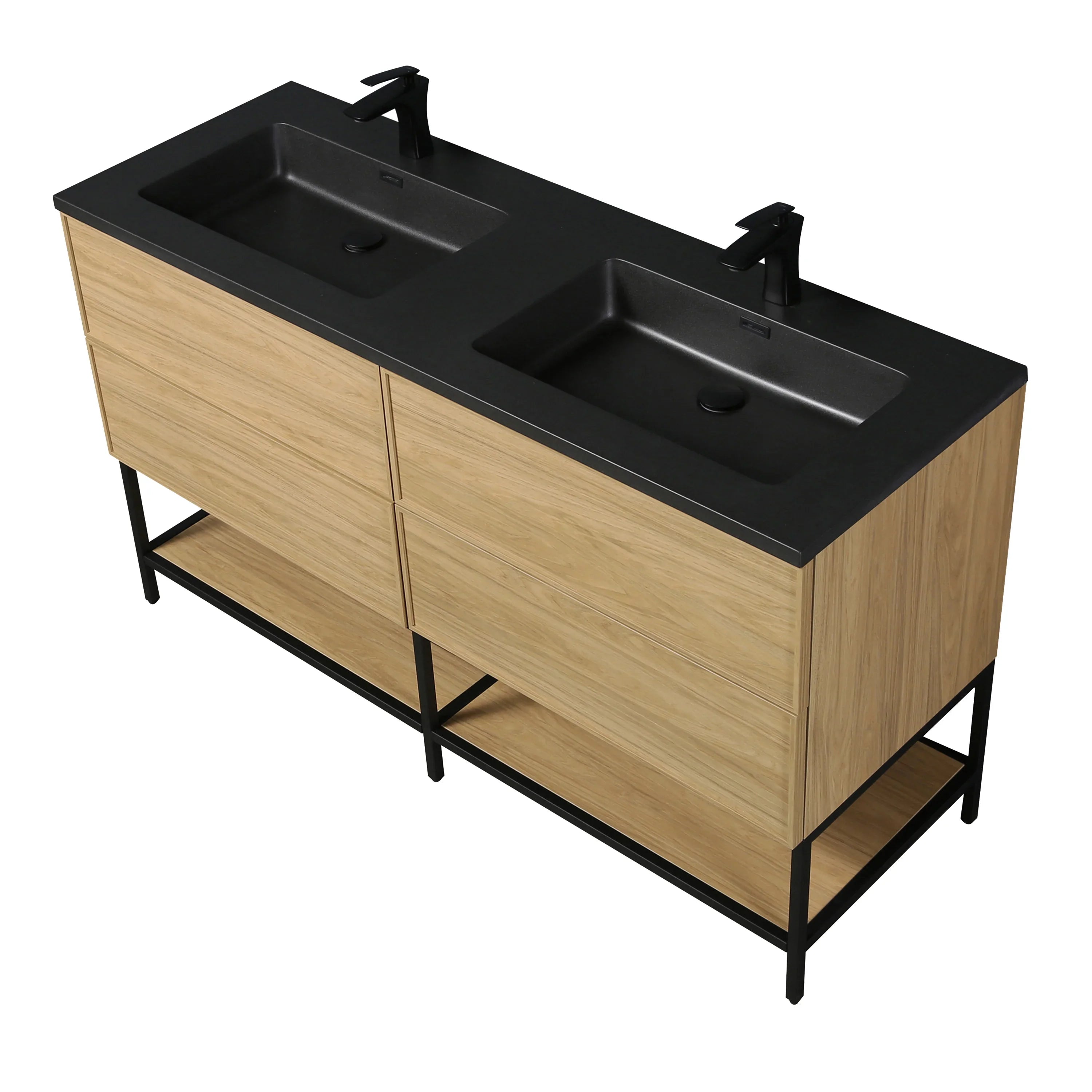60" Sunset Walnut Wall Mount Double Sink Bathroom Vanity with Black Engineered Quartz Countertop