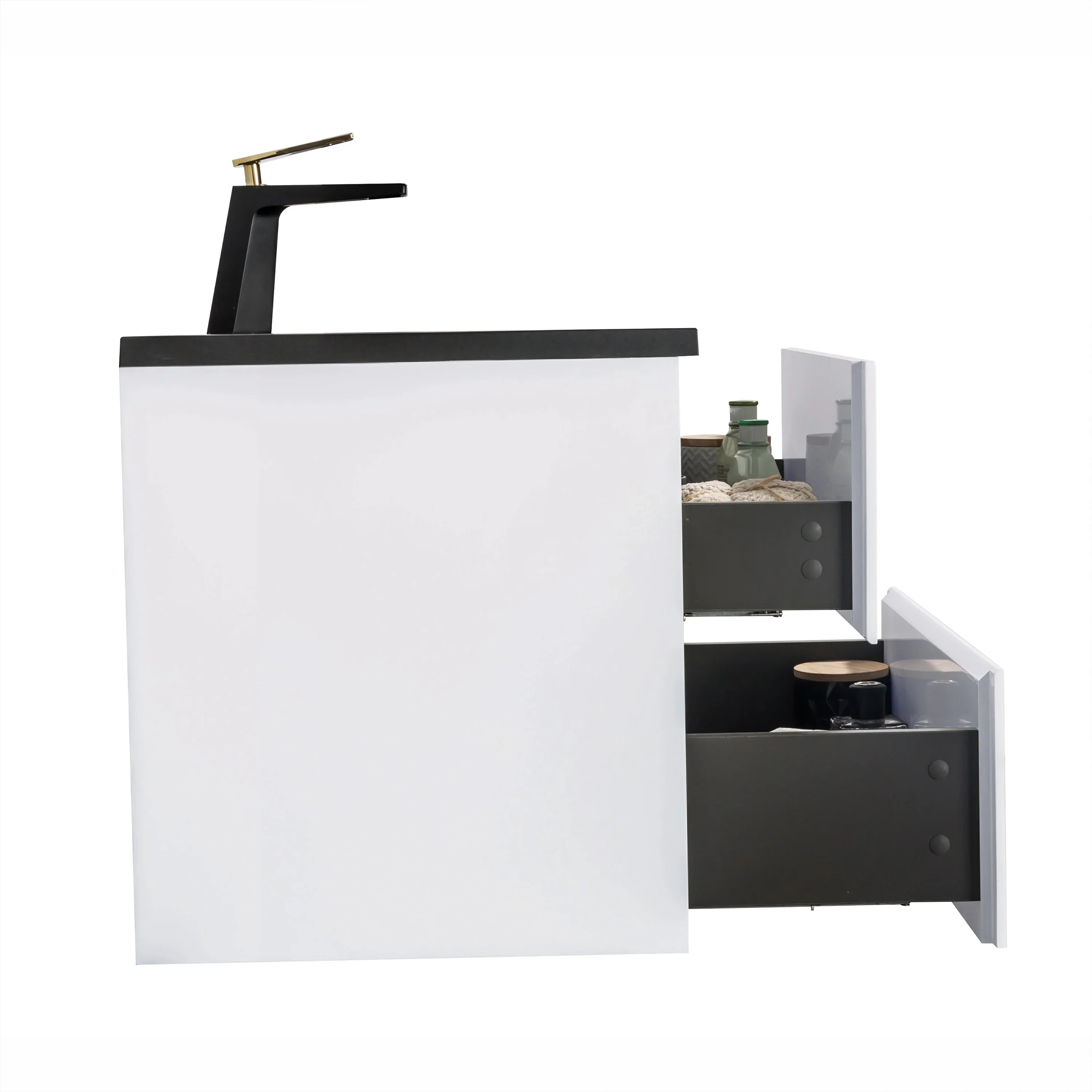 48" White Wall Mount Single Sink Bathroom Vanity with Black Engineered Quartz Countertop