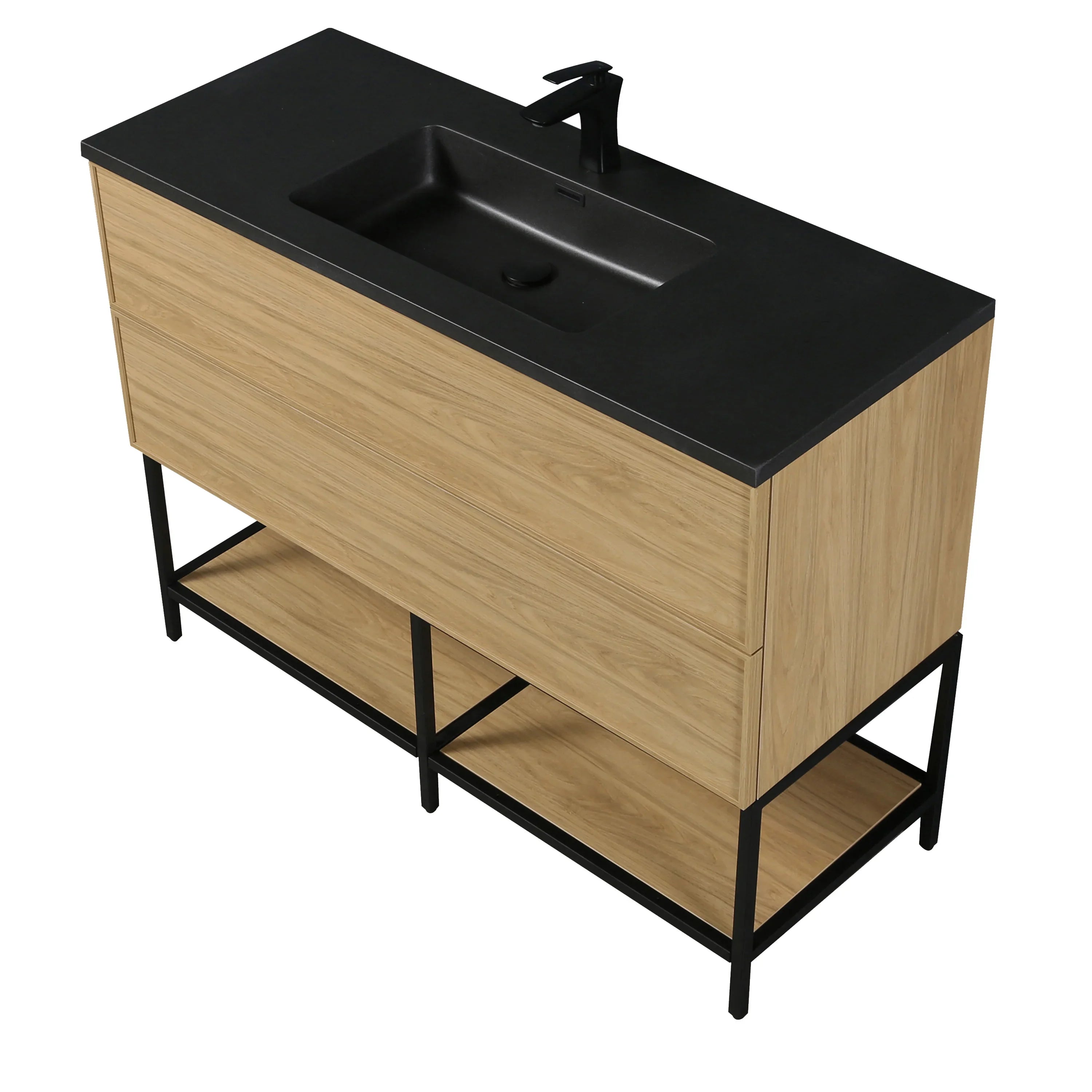 48" Sunset Walnut Wall Mount Bathroom Vanity with Black Engineered Quartz Countertop