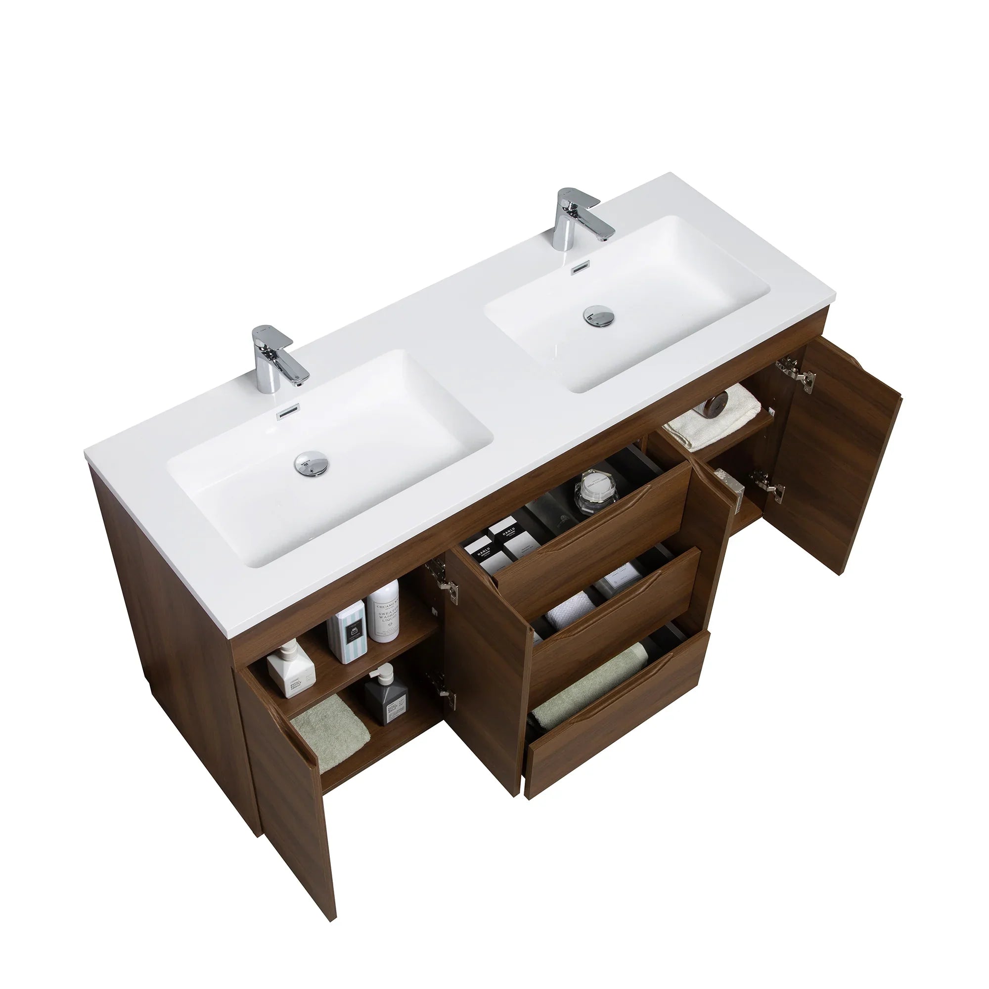 60" Walnut Freestanding Double Sink Vanity with White Polymarble Countertop - Augusta Collection