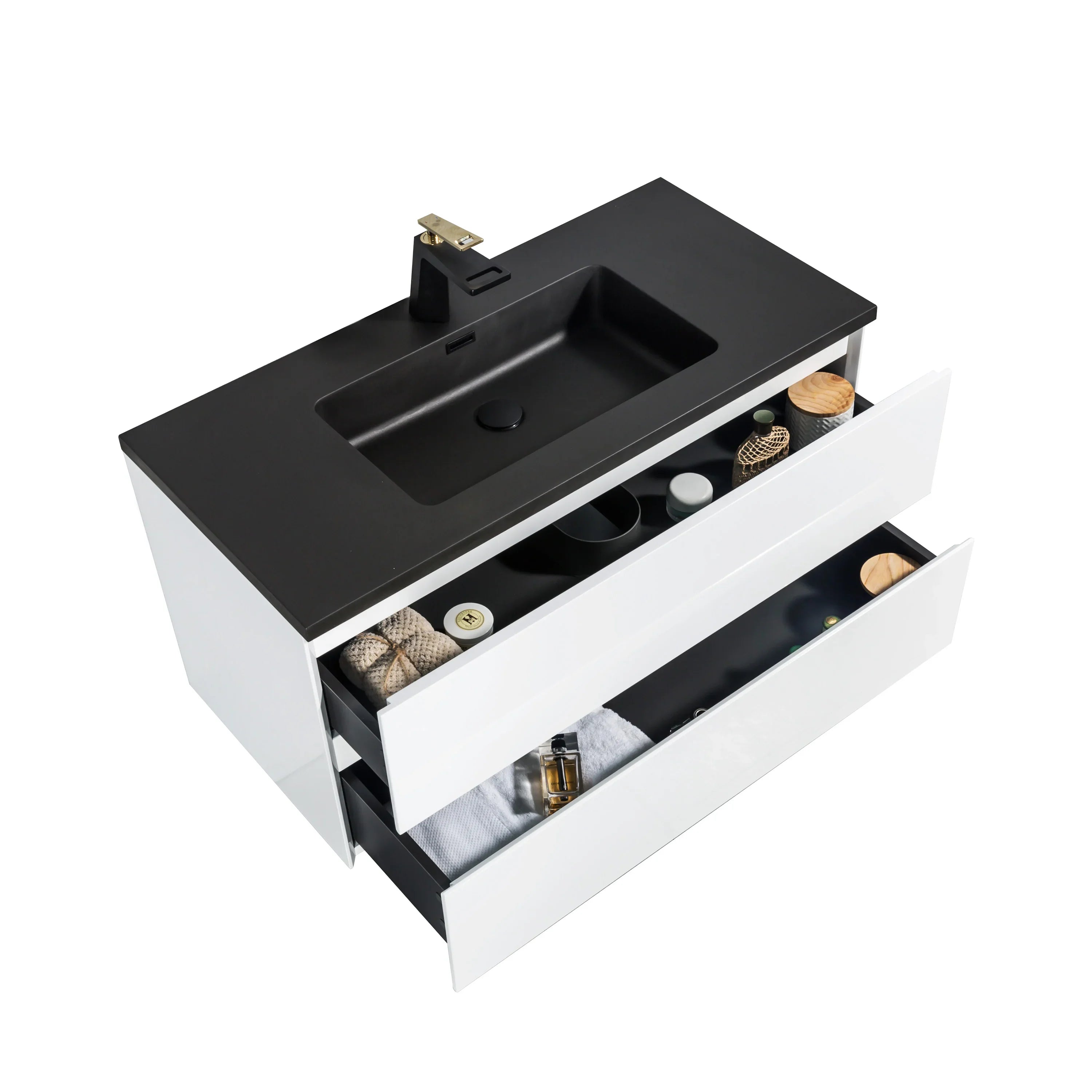 40" White Wall-Mounted Single Sink Bathroom Vanity with Black Engineered Quartz Countertop