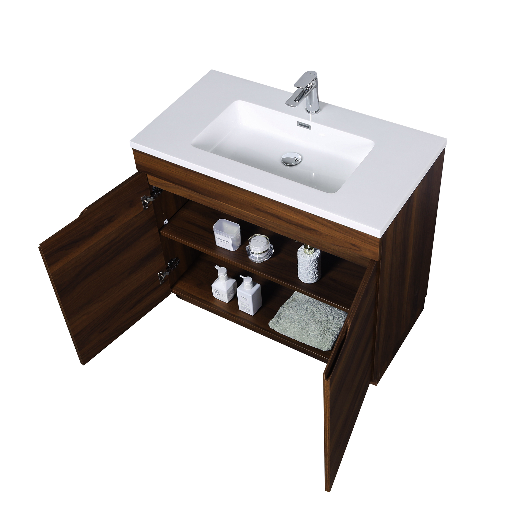36" Walnut Freestanding Single Sink Bathroom Vanity with White Polymarble Countertop