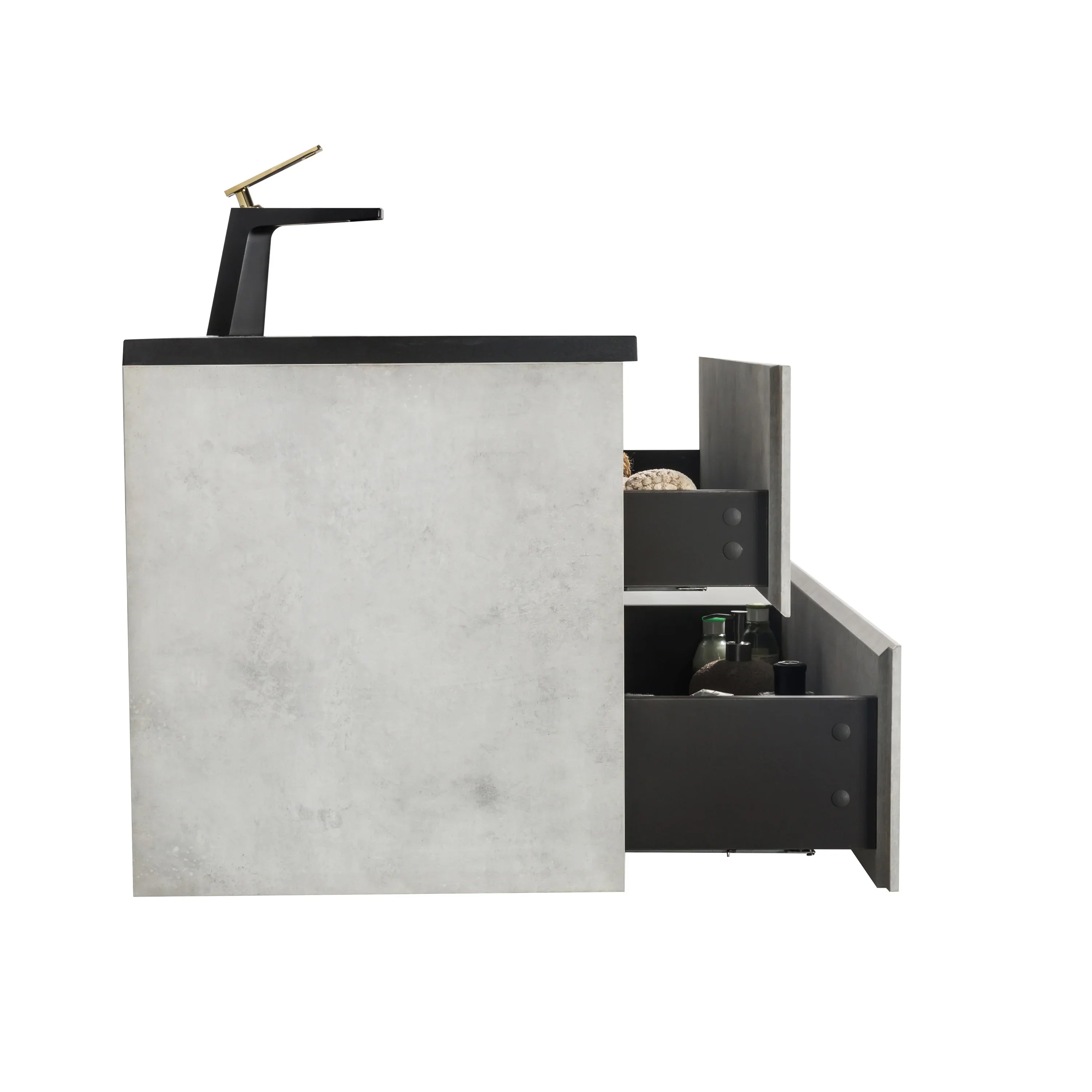 36" Grey Wall Mount Single Sink Bathroom Vanity with Black Engineered Quartz Countertop