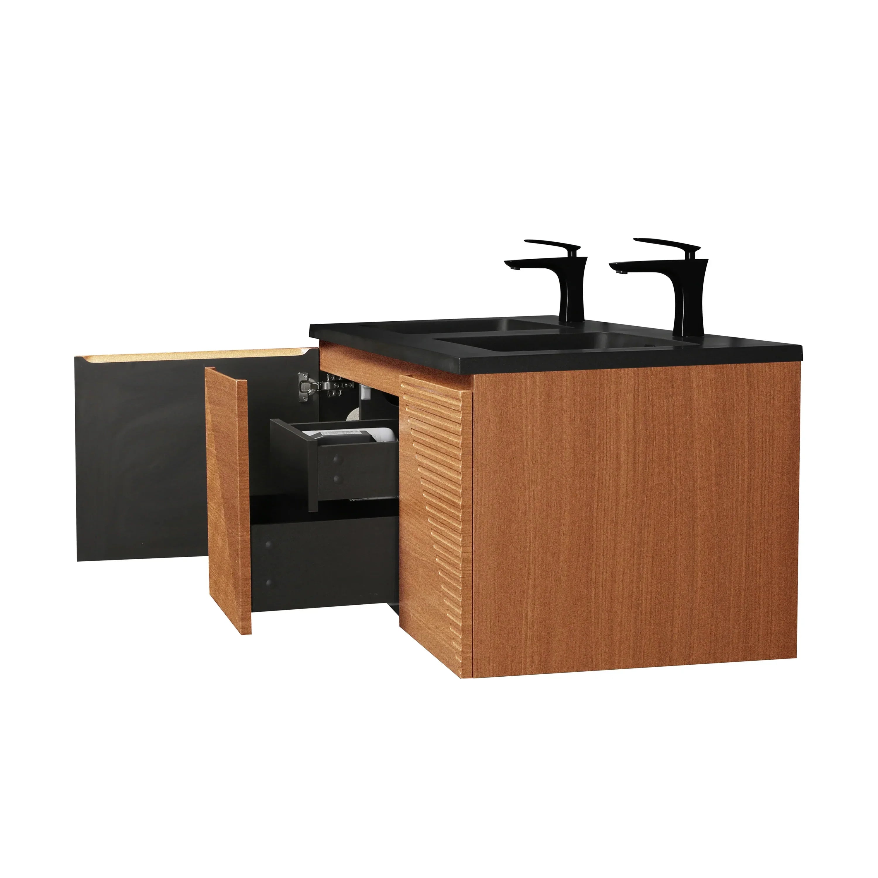 60" Light Oak Wall-Mounted Double Sink Bathroom Vanity with Black Engineered Quartz Countertop