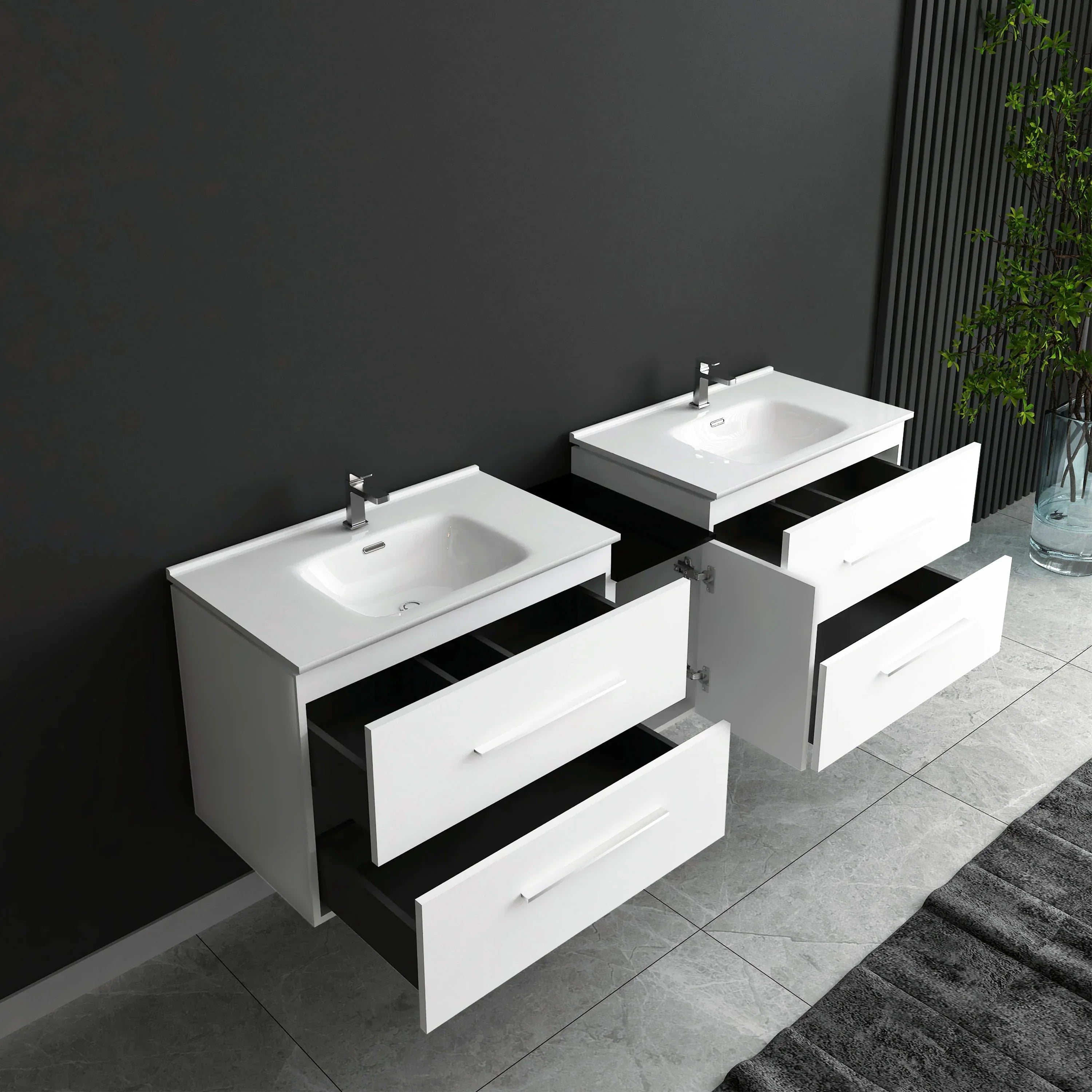 60" Matte White Wall Mount Double Sink Bathroom Vanity with White Ceramic Countertop