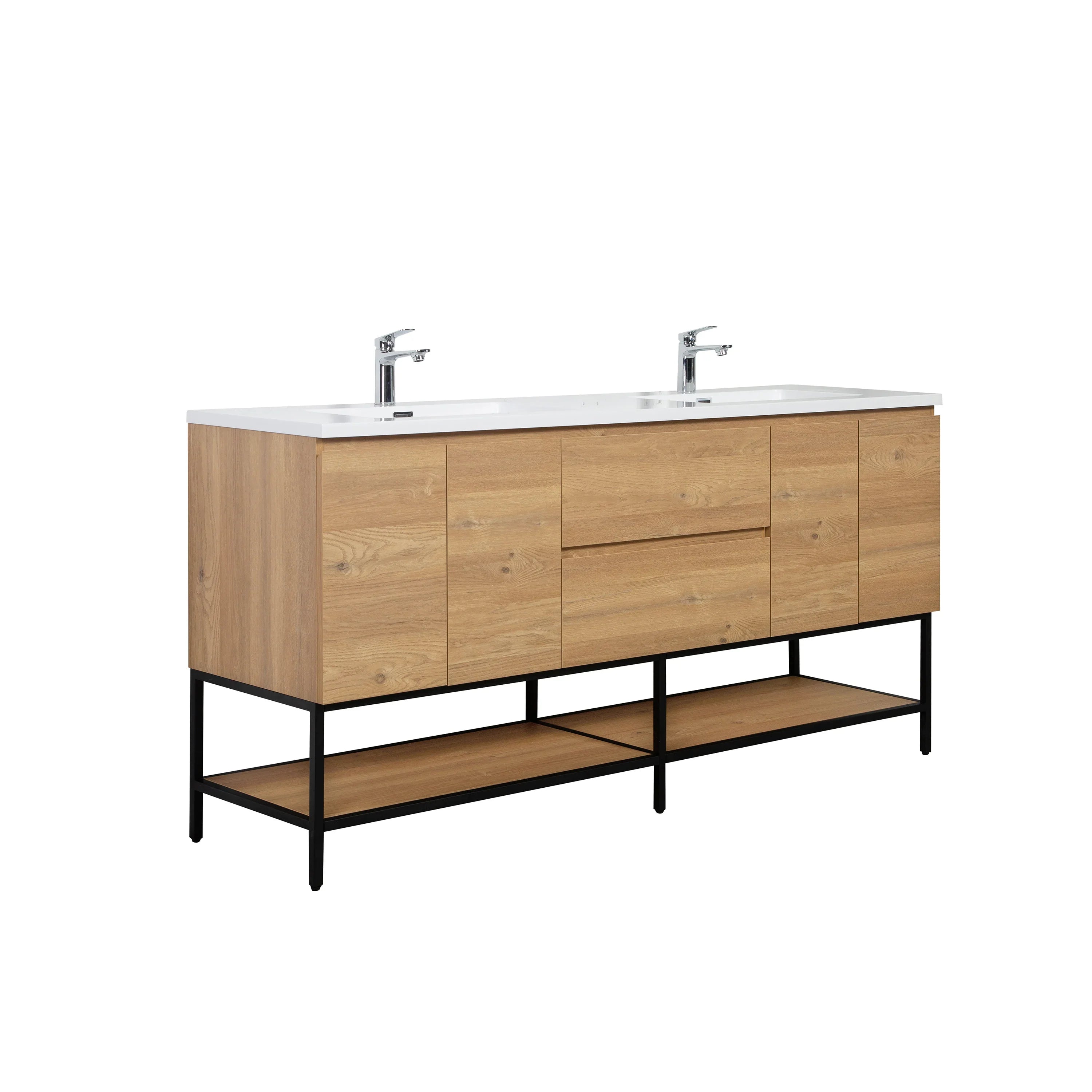 72" Rough Oak Wall Mount Double Sink Bathroom Vanity with White Polymarble Countertop