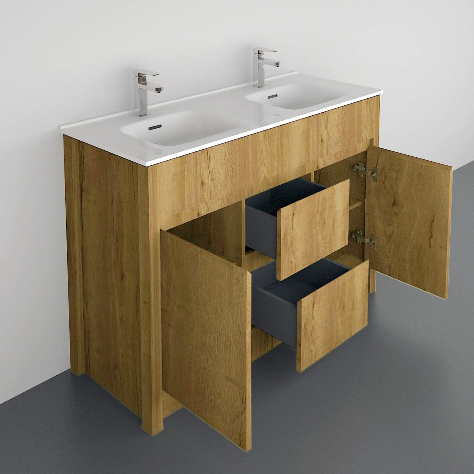 48" Frosted Oak Freestanding Double Sink Bathroom Vanity with White Ceramic Countertop