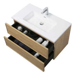 Meuble-Lavabo Mural 36po Noyer Couchant avec Comptoir de Polymarbre Blanc