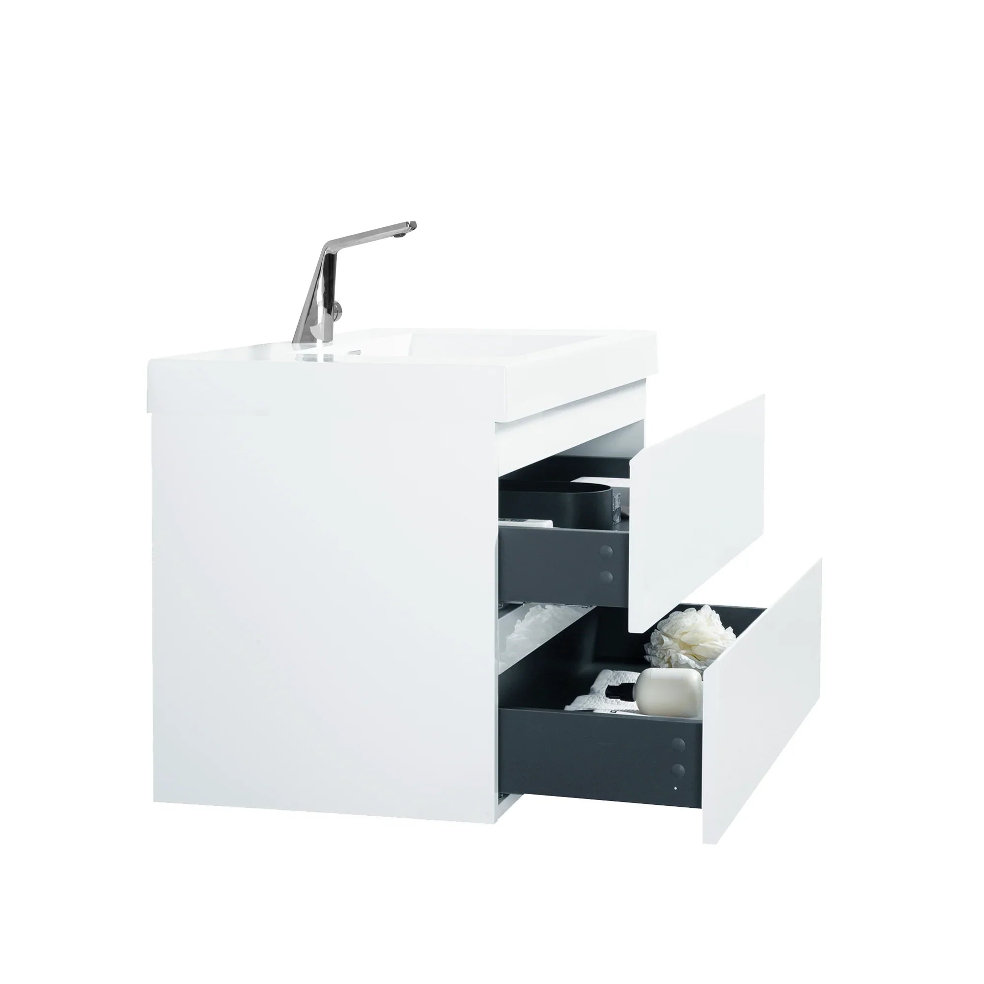 36" Glossy White Wall Mount Bathroom Vanity with White Polymarble Countertop