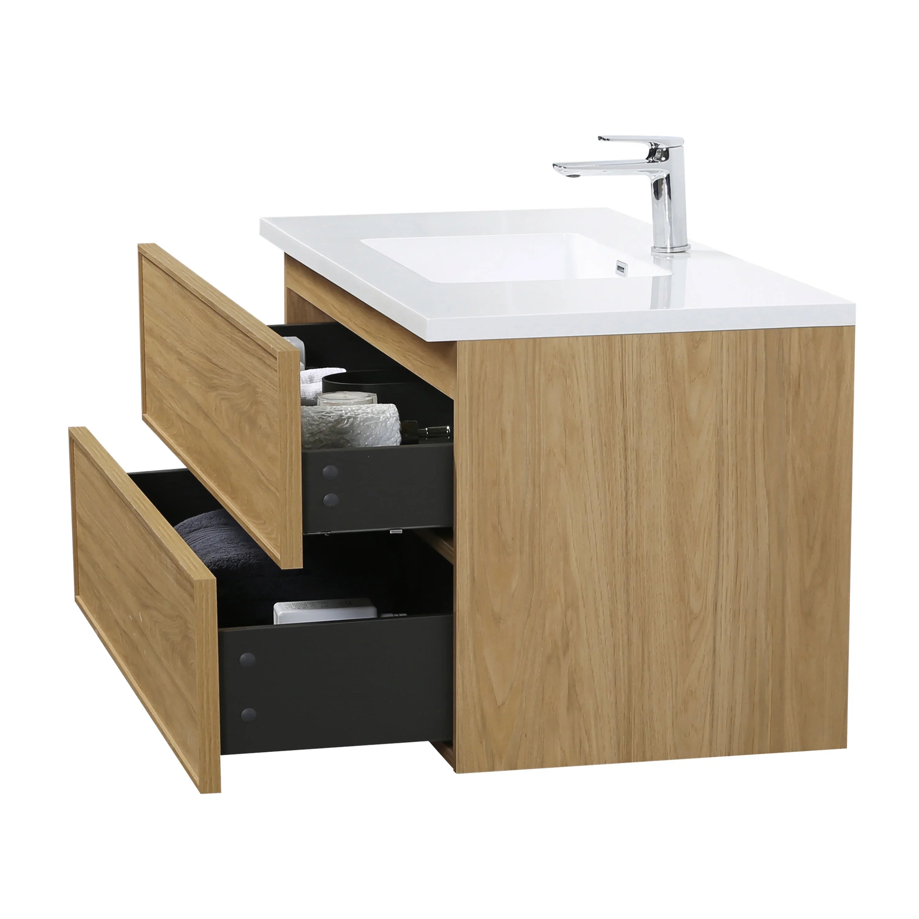 48" Sunset Walnut Wall Mount Vanity with White Polymarble Countertop - Luxe Collection