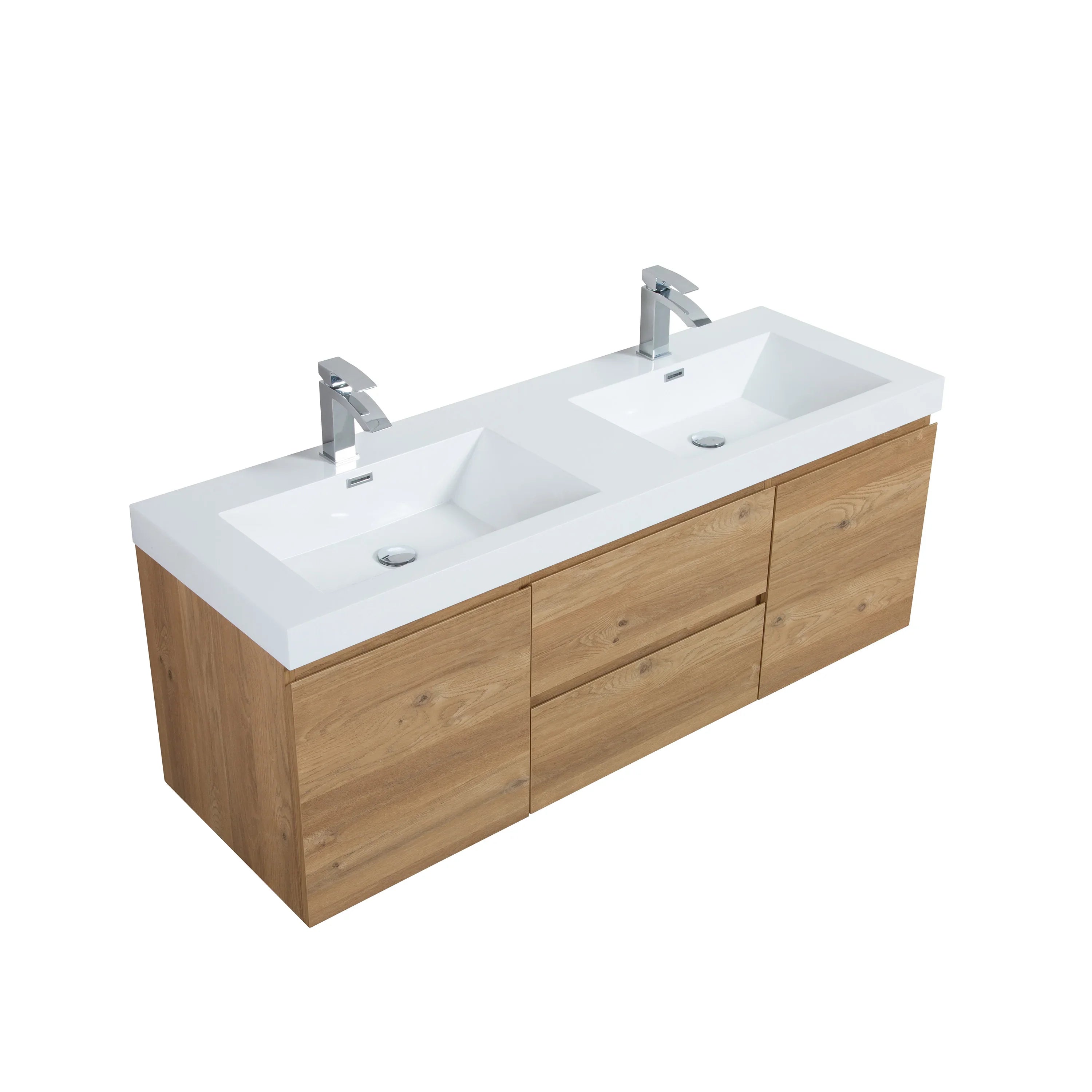 60" Rough Oak Wall Mount Double Sink Bathroom Vanity with White Polymarble Countertop