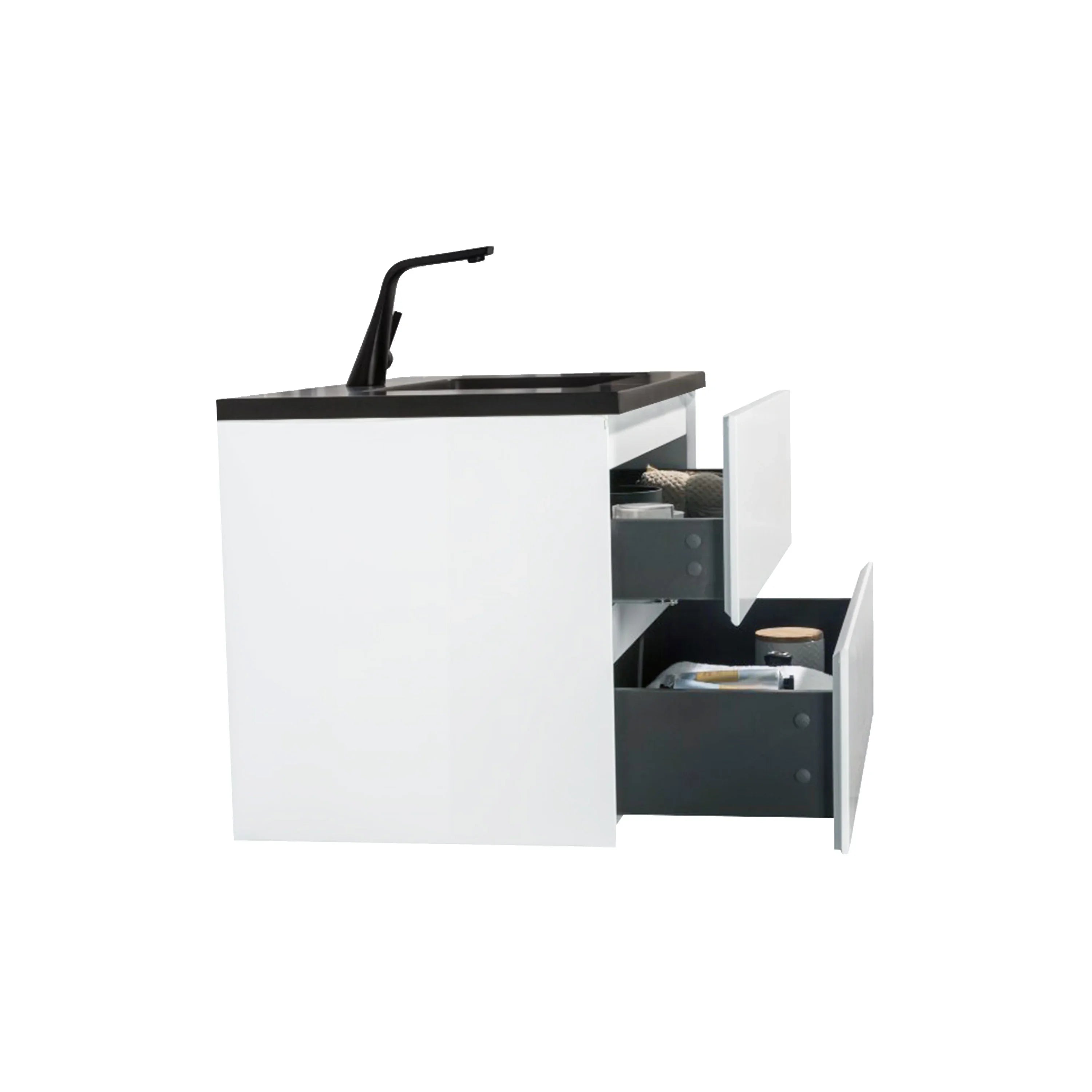 36" White Wall Mount Bathroom Vanity with Black Engineered Quartz Countertop