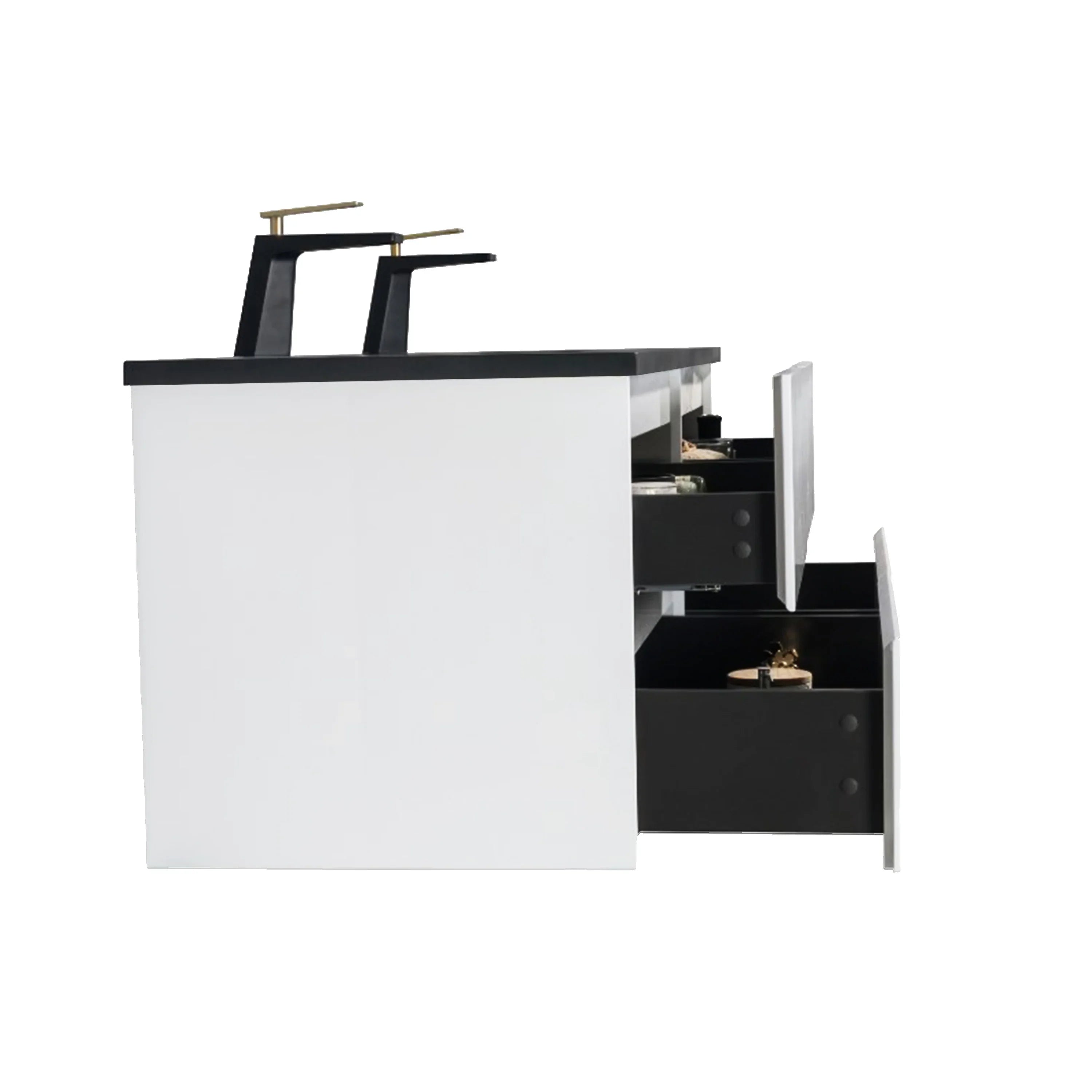 60" White Wall Mount Double Sink Bathroom Vanity with Black Engineered Quartz Countertop