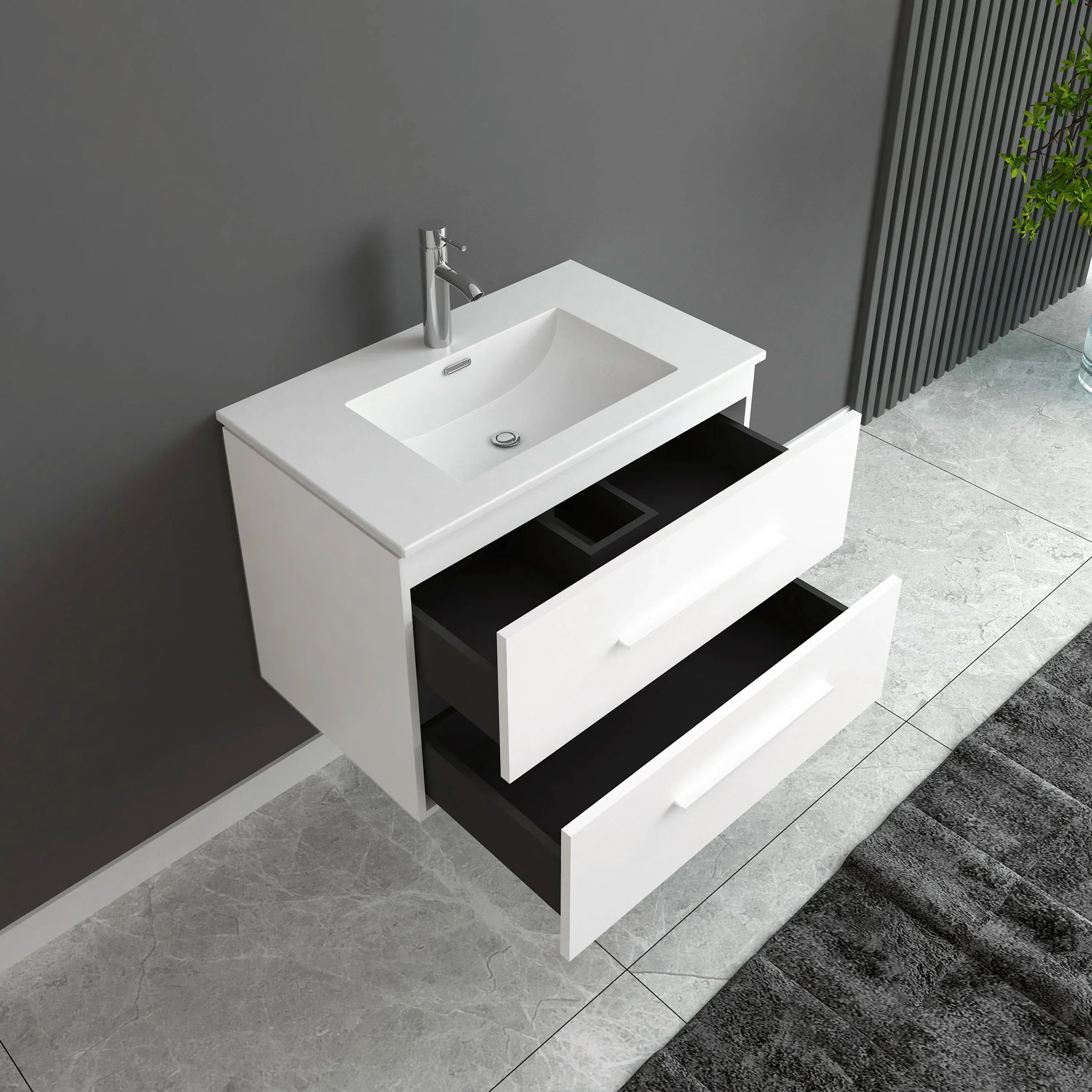 24" Matte White Wall Mount Bathroom Vanity with White Ceramic Countertop
