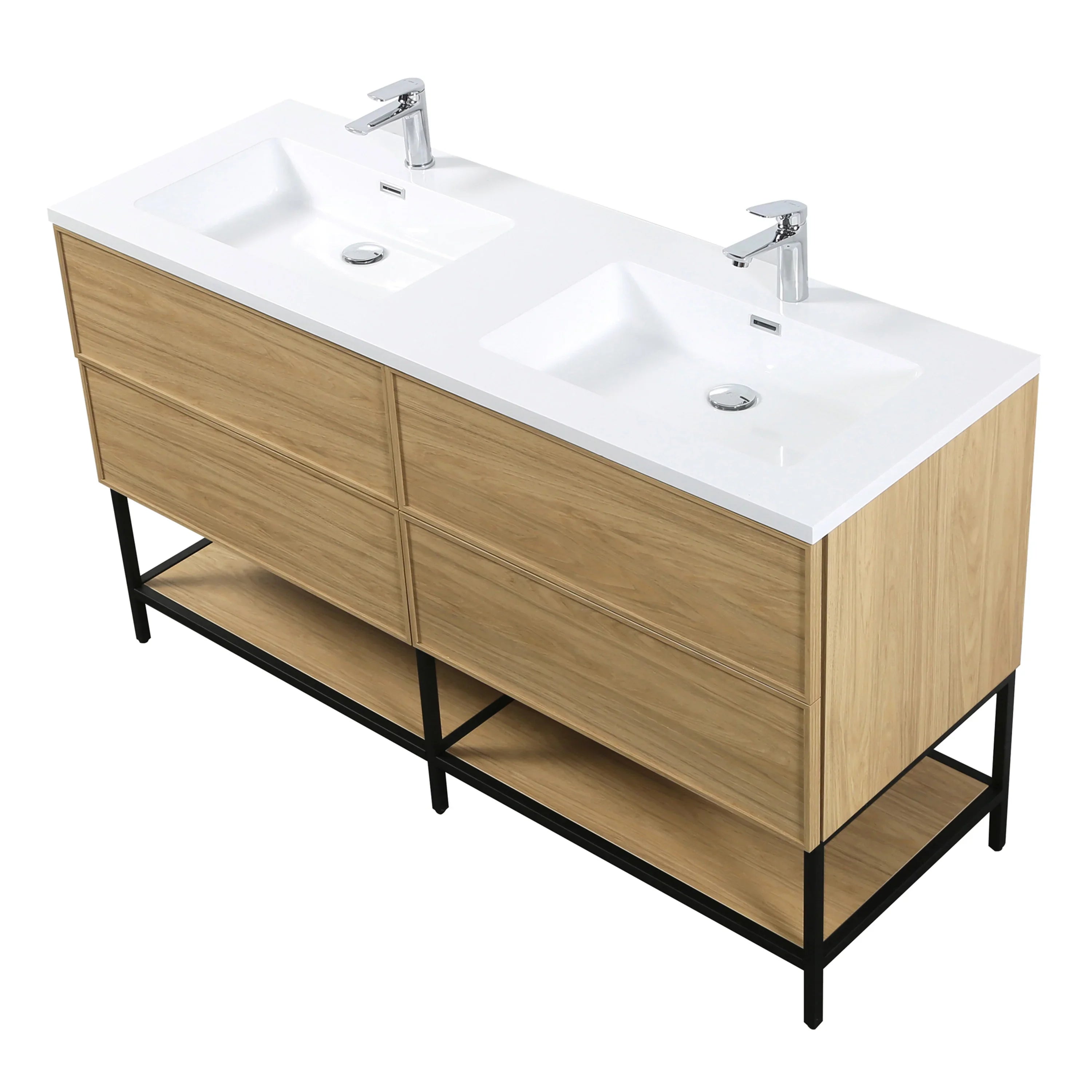 Meuble Lavabo Mural 60 pouces Noyer Couchant Double Vasque avec Comptoir Polymarbre Blanc