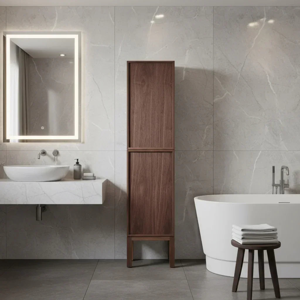 Armoire à linge de salle de bain sur pied - Noyer naturel - Réversible