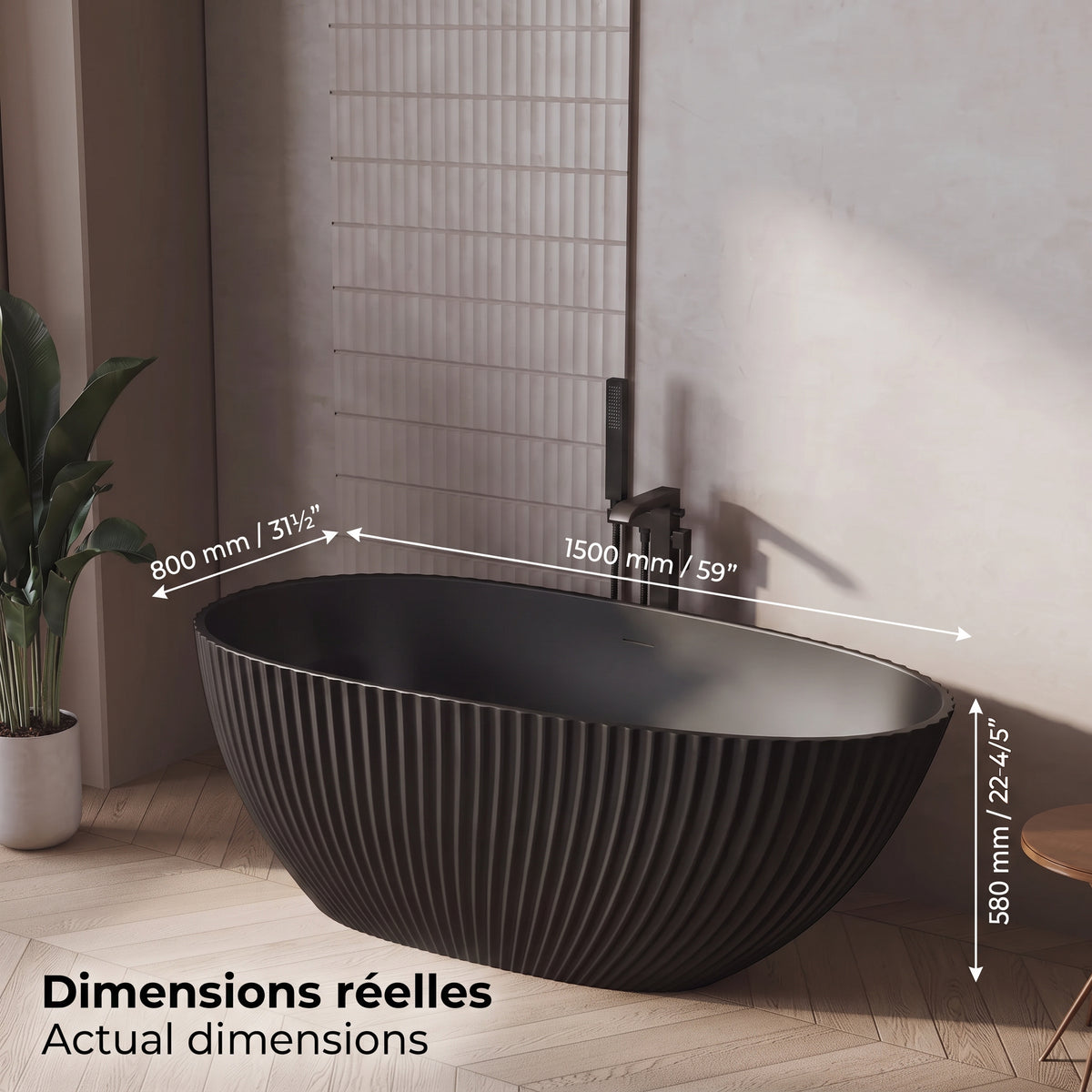 Baignoire autoportante Calista 60 po noir mat avec design cannelé