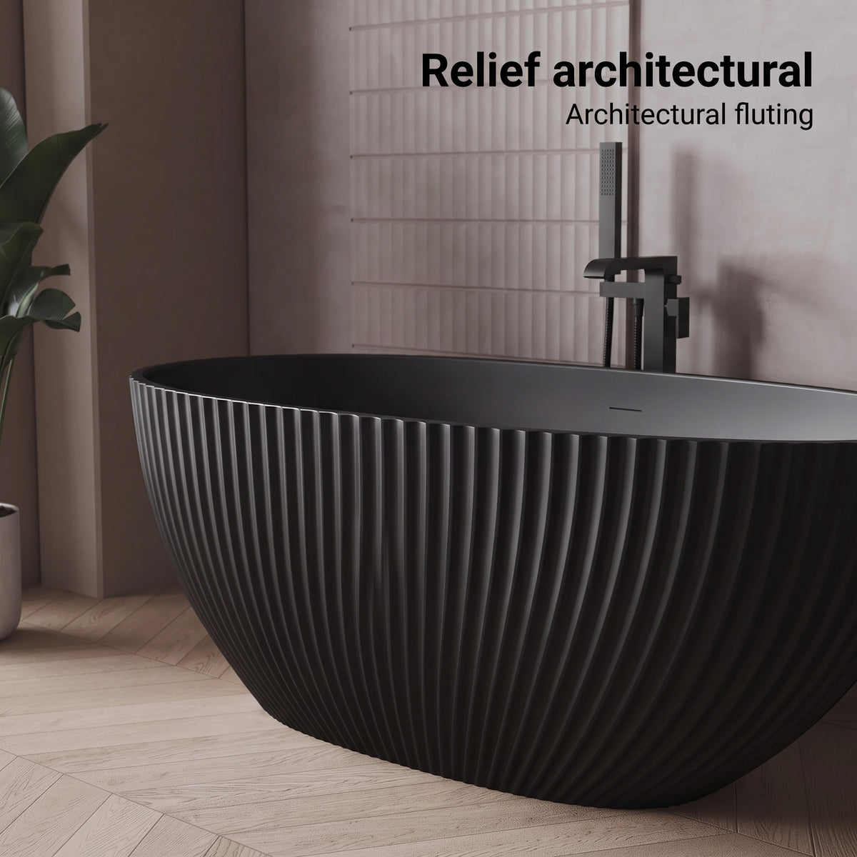 60" Calista Matte Black Freestanding Bathtub with Fluted Design
