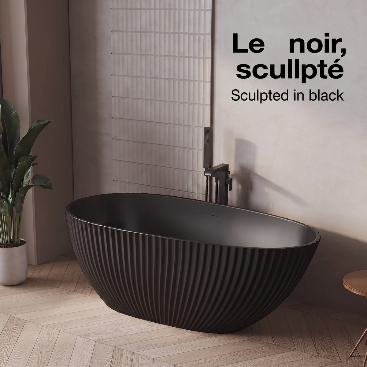 60" Calista Matte Black Freestanding Bathtub with Fluted Design