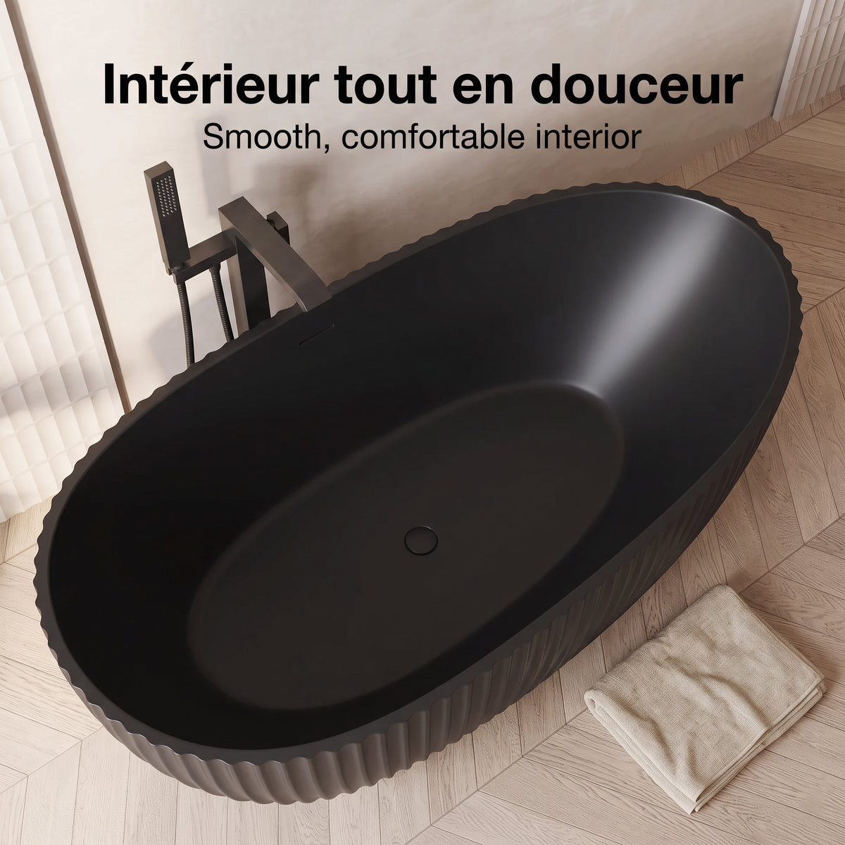 60" Calista Matte Black Freestanding Bathtub with Fluted Design