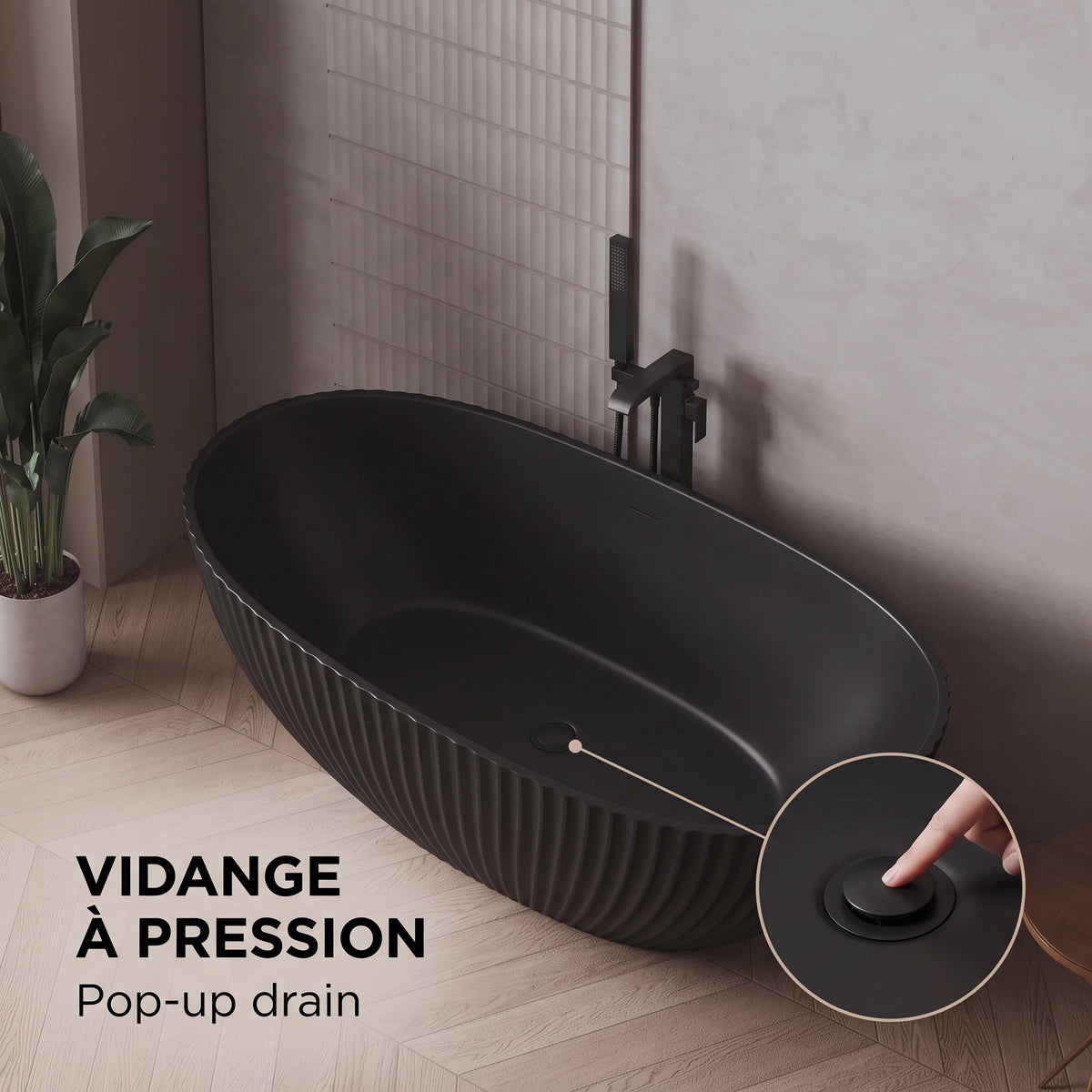 60" Calista Matte Black Freestanding Bathtub with Fluted Design