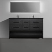 60" Black Oak Freestanding Double Sink Bathroom Vanity with Black Engineered Quartz Countertop