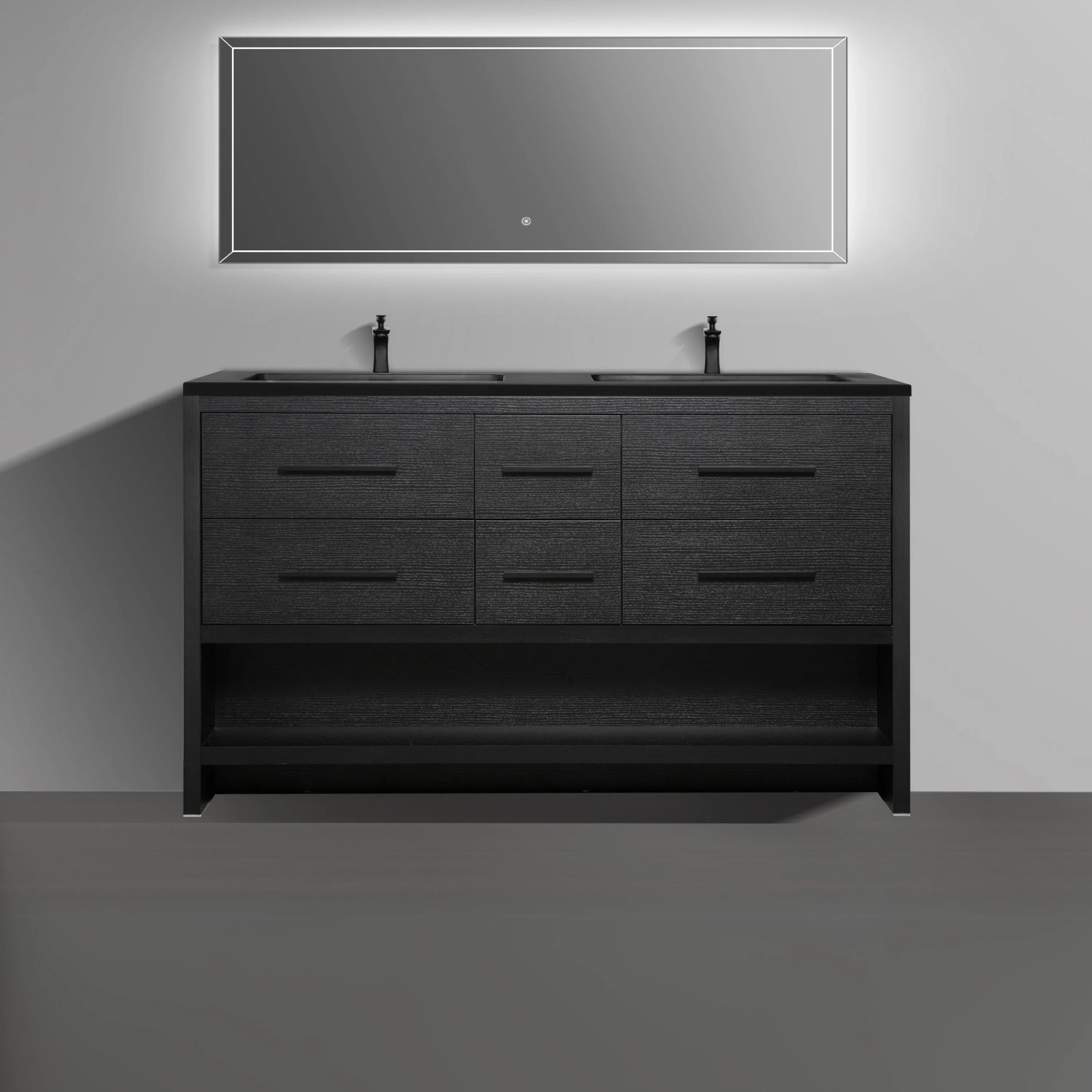60" Black Oak Freestanding Double Sink Bathroom Vanity with Black Engineered Quartz Countertop