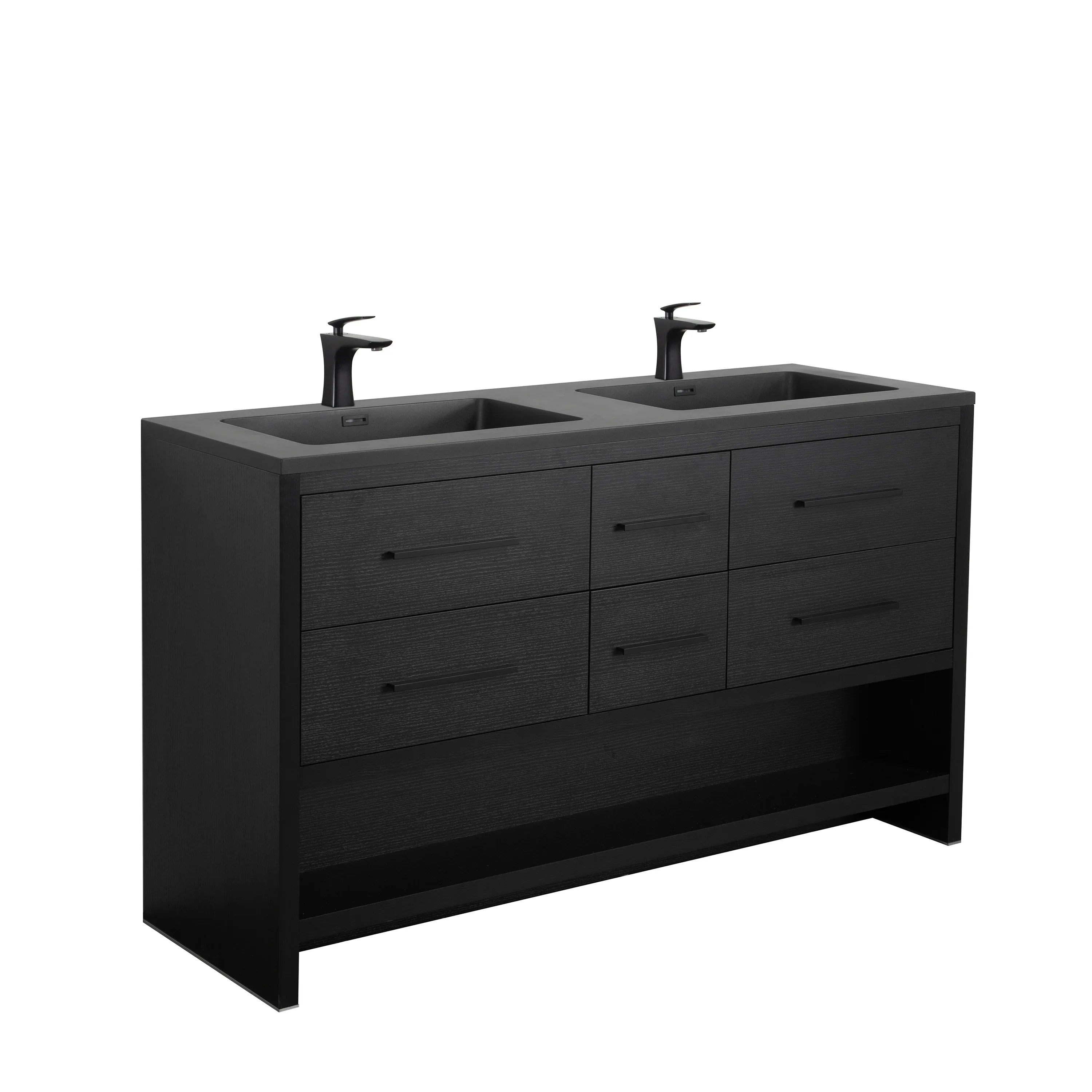 60" Black Oak Freestanding Double Sink Bathroom Vanity with Black Engineered Quartz Countertop