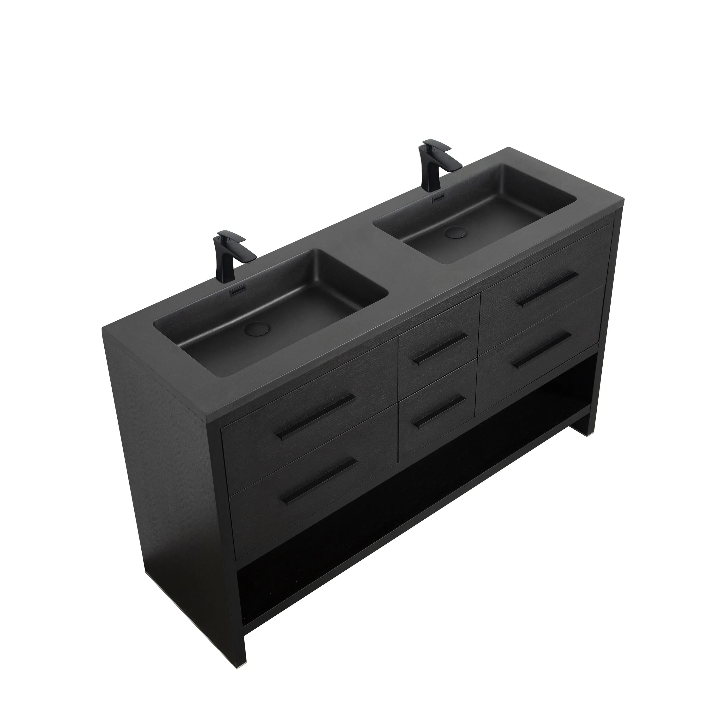 60" Black Oak Freestanding Double Sink Bathroom Vanity with Black Engineered Quartz Countertop