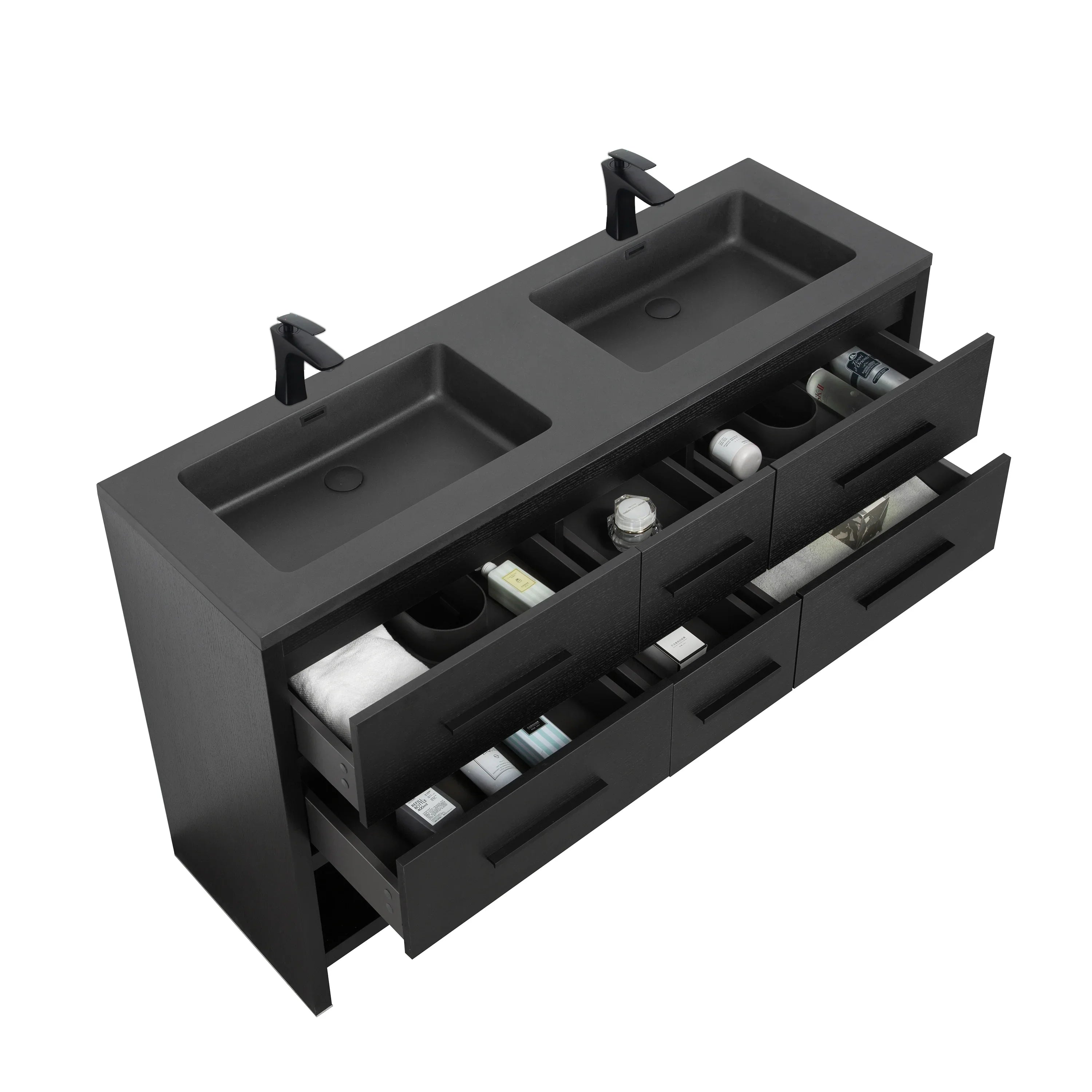 60" Black Oak Freestanding Double Sink Bathroom Vanity with Black Engineered Quartz Countertop