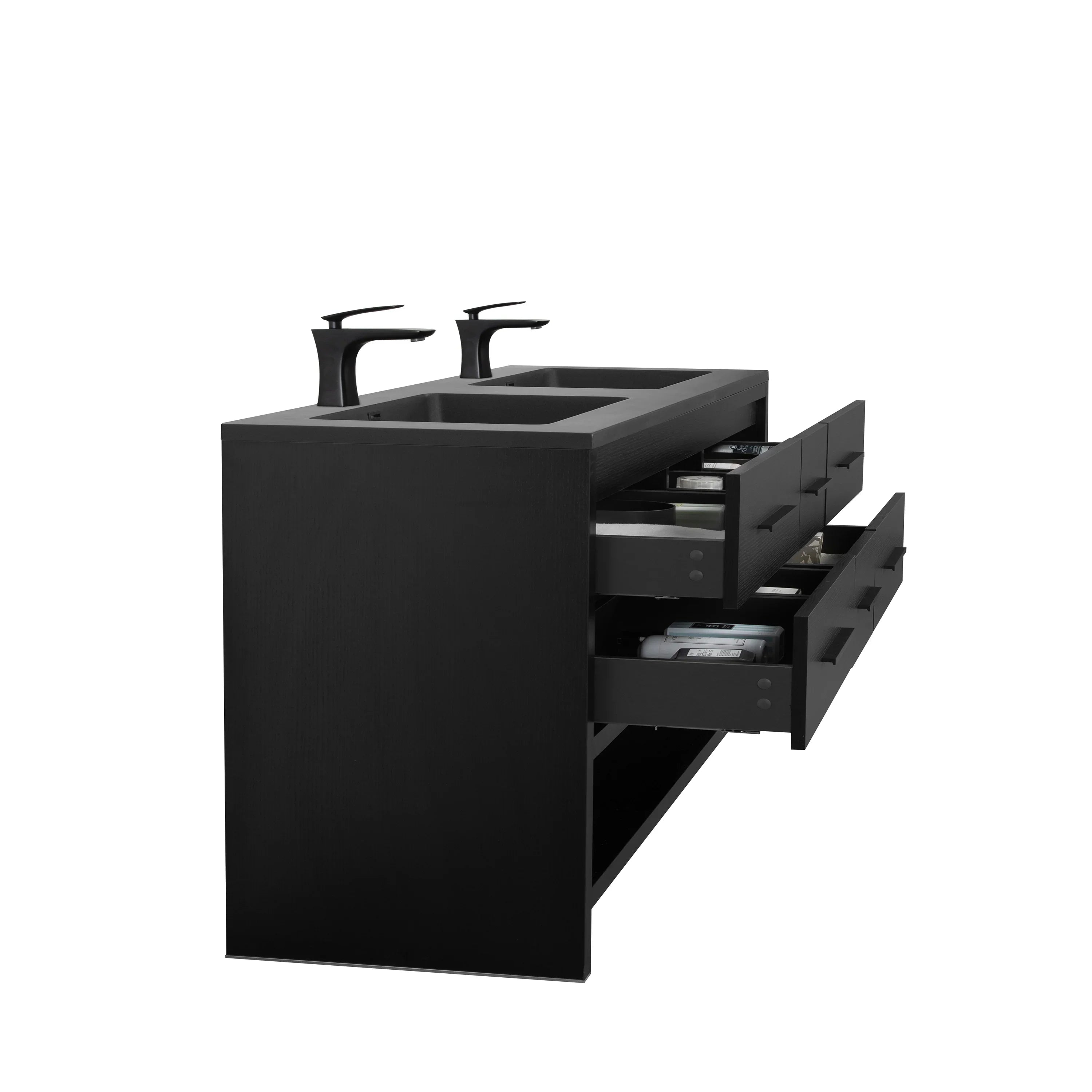 60" Black Oak Freestanding Double Sink Bathroom Vanity with Black Engineered Quartz Countertop