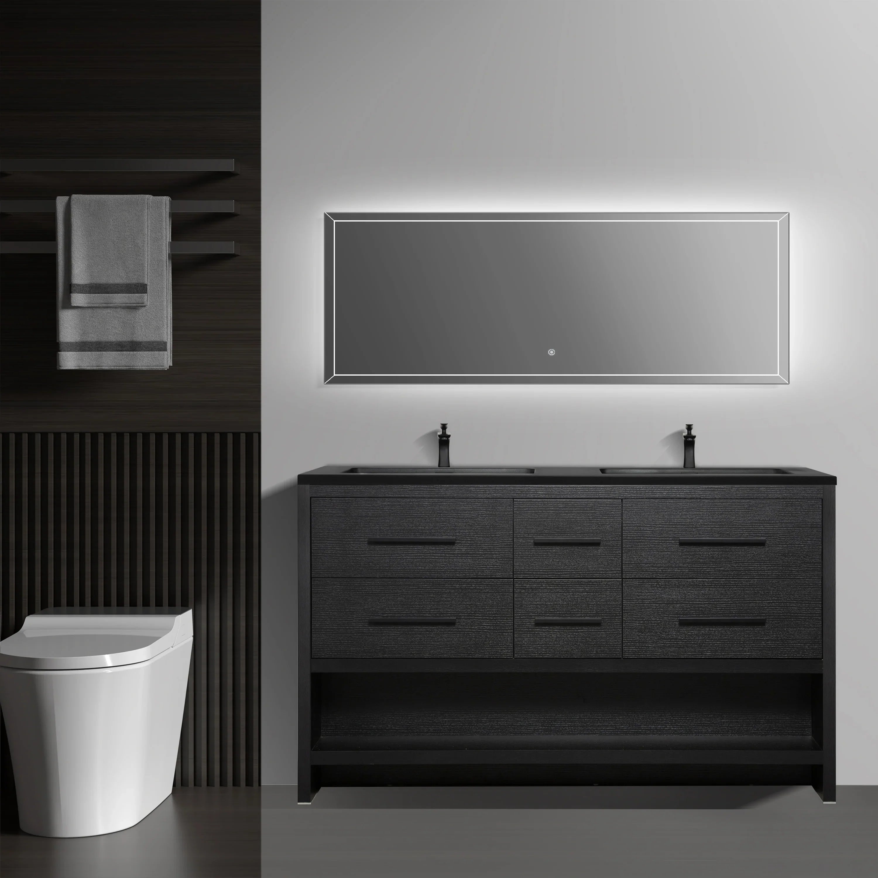 60" Black Oak Freestanding Double Sink Bathroom Vanity with Black Engineered Quartz Countertop