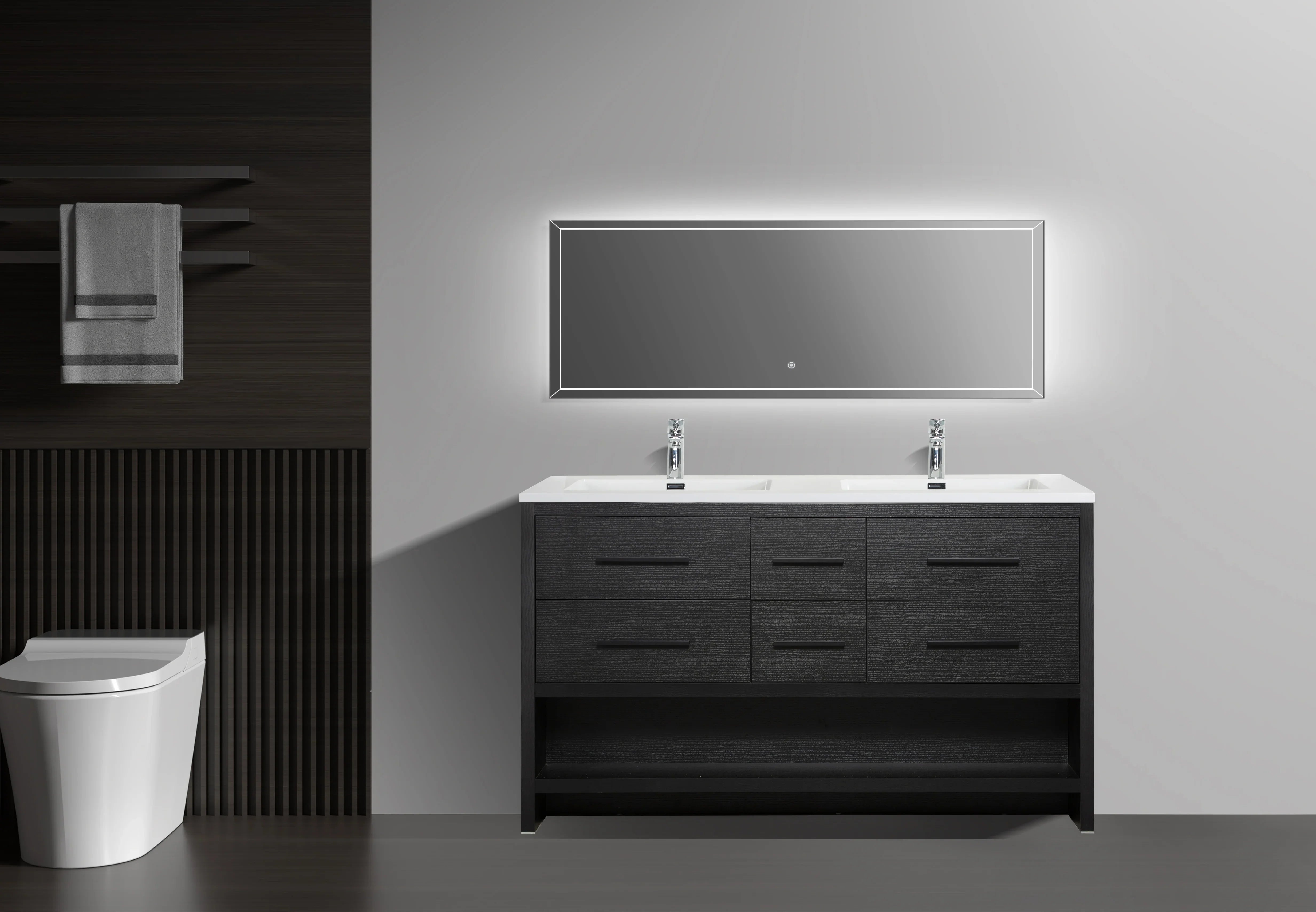 60" Black Oak Freestanding Double Sink Bathroom Vanity with White Polymarble Countertop