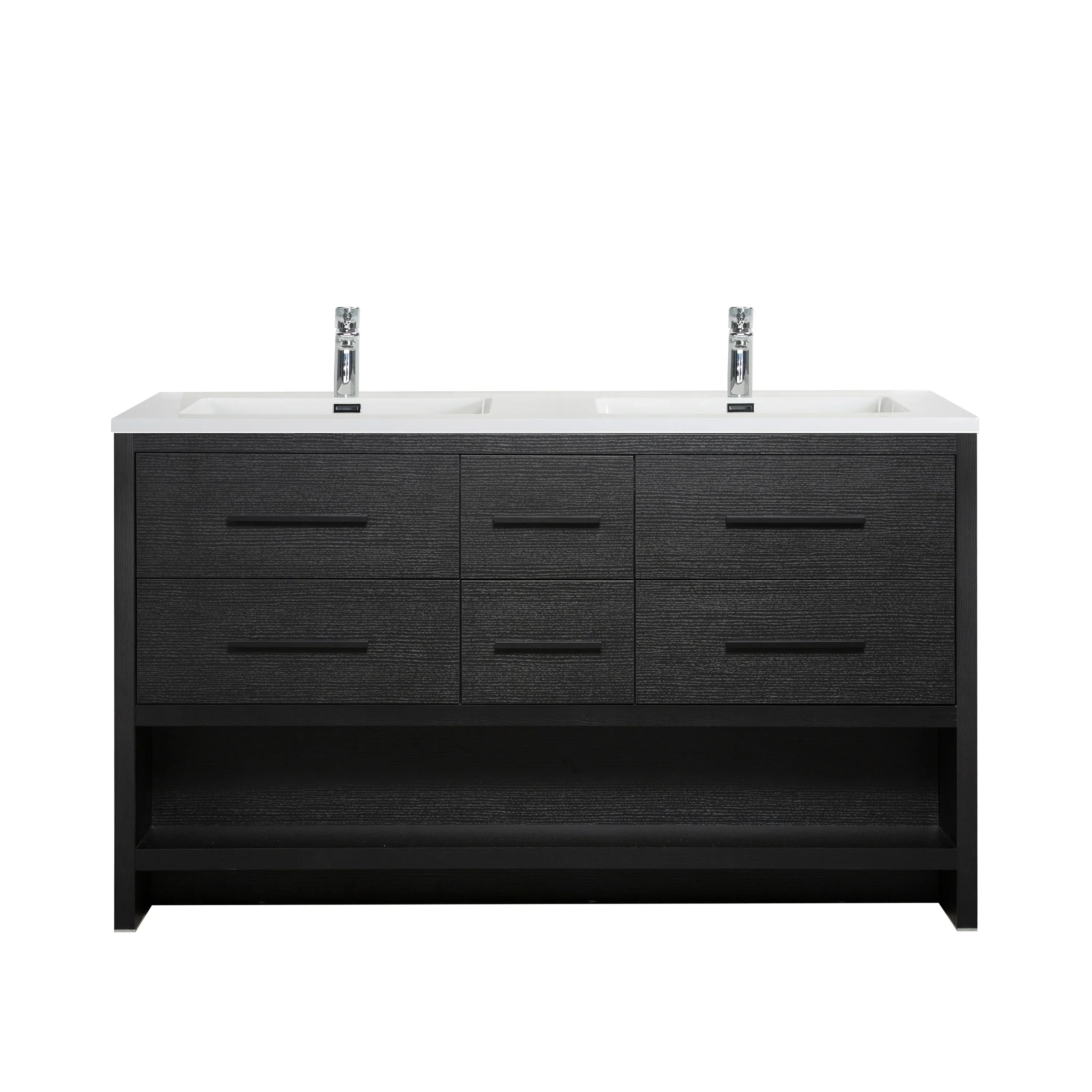 60" Black Oak Freestanding Double Sink Bathroom Vanity with White Polymarble Countertop