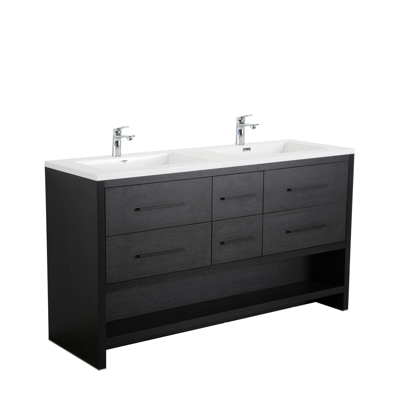 60" Black Oak Double Sink Vanity White Polymarble Countertop Golden