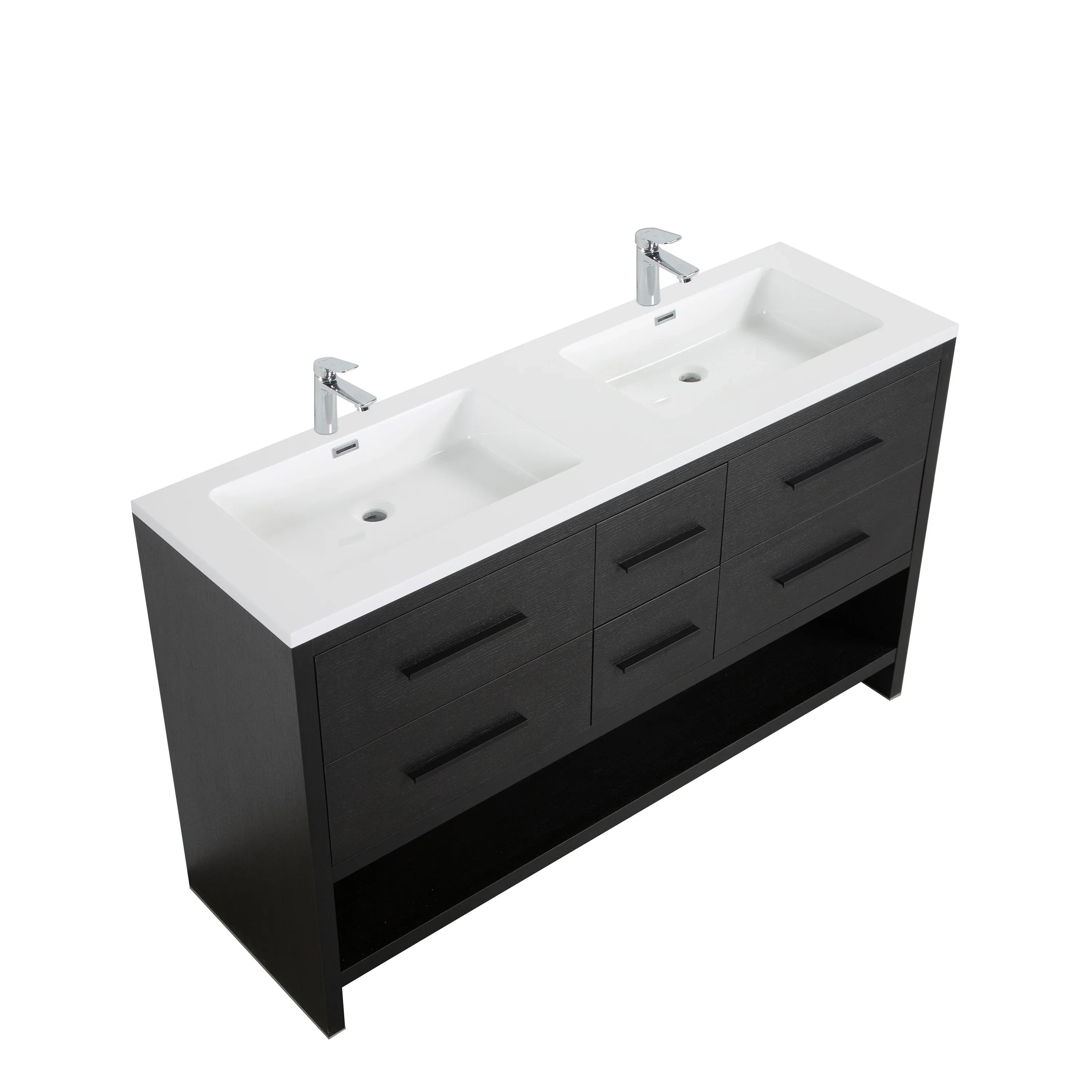 60" Black Oak Freestanding Double Sink Bathroom Vanity with White Polymarble Countertop