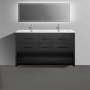 60" Black Oak Freestanding Double Sink Bathroom Vanity with White Polymarble Countertop
