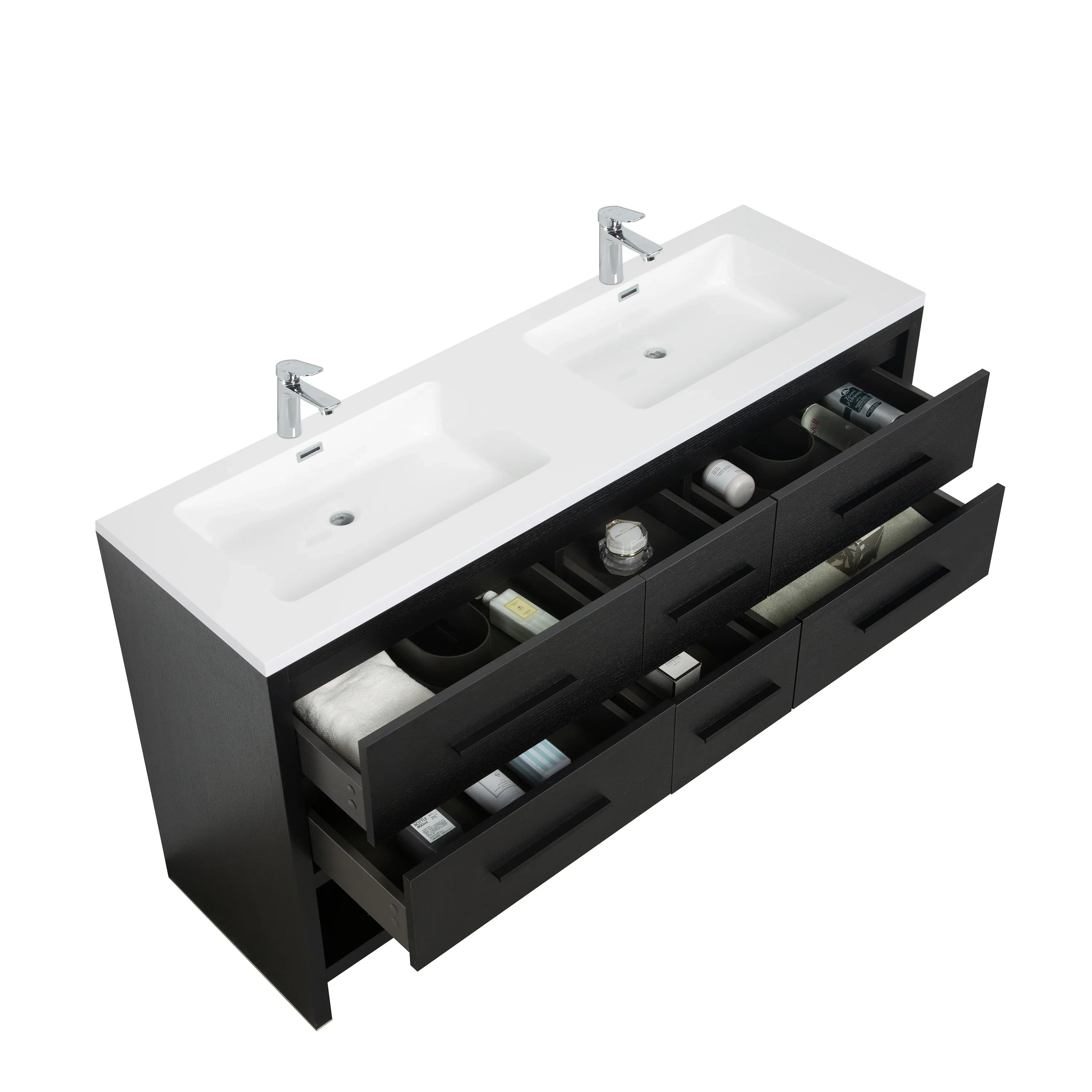 60" Black Oak Freestanding Double Sink Bathroom Vanity with White Polymarble Countertop