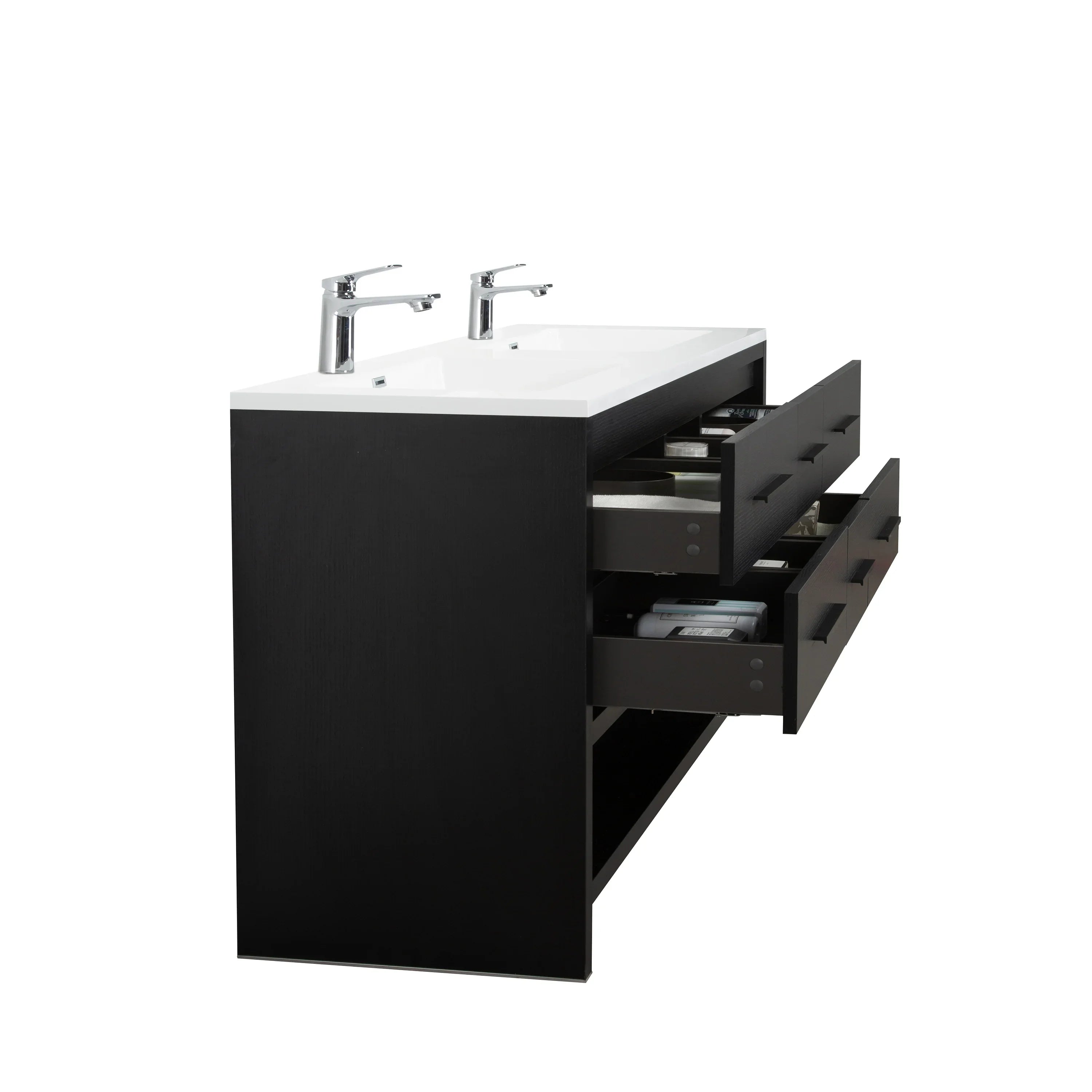 60" Black Oak Freestanding Double Sink Bathroom Vanity with White Polymarble Countertop