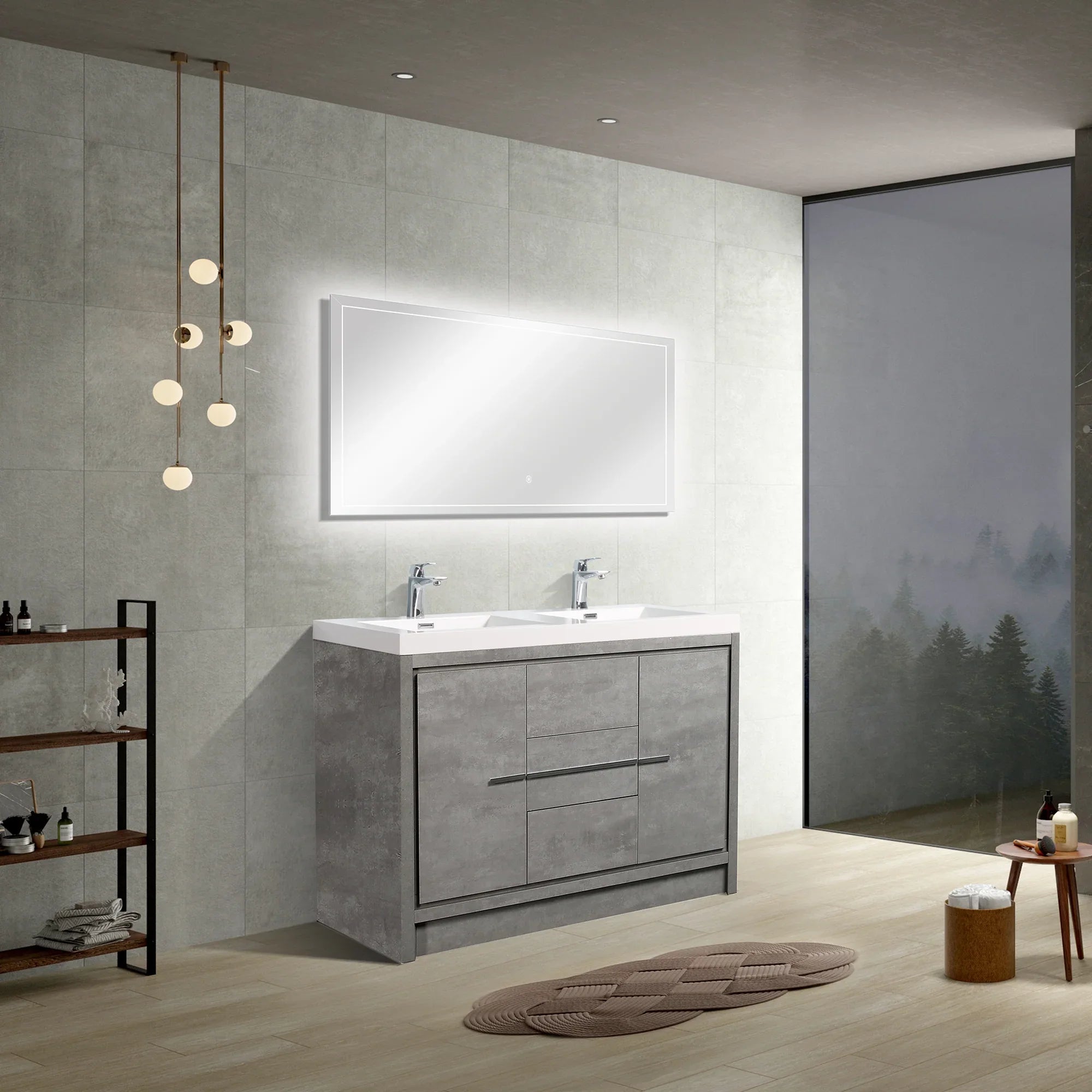 60" Cement Freestanding Double Sink Bathroom Vanity with White Polymarble Countertop