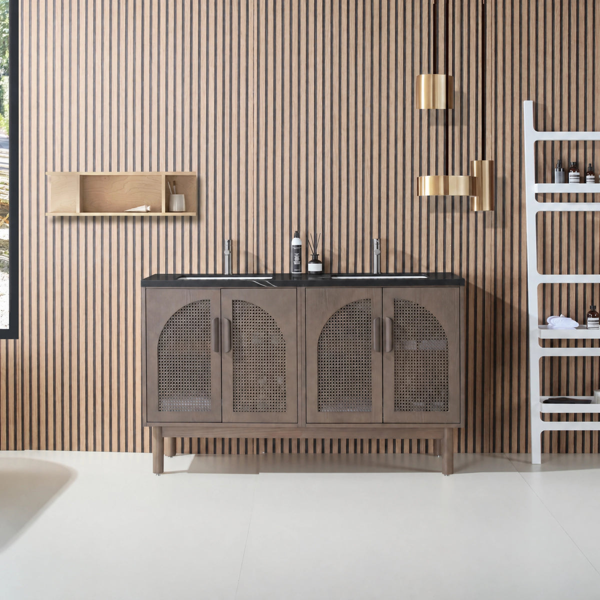 60" Chestnut Oak Freestanding Double Sinks Bathroom Vanity with Black Marquina Quartz Countertop