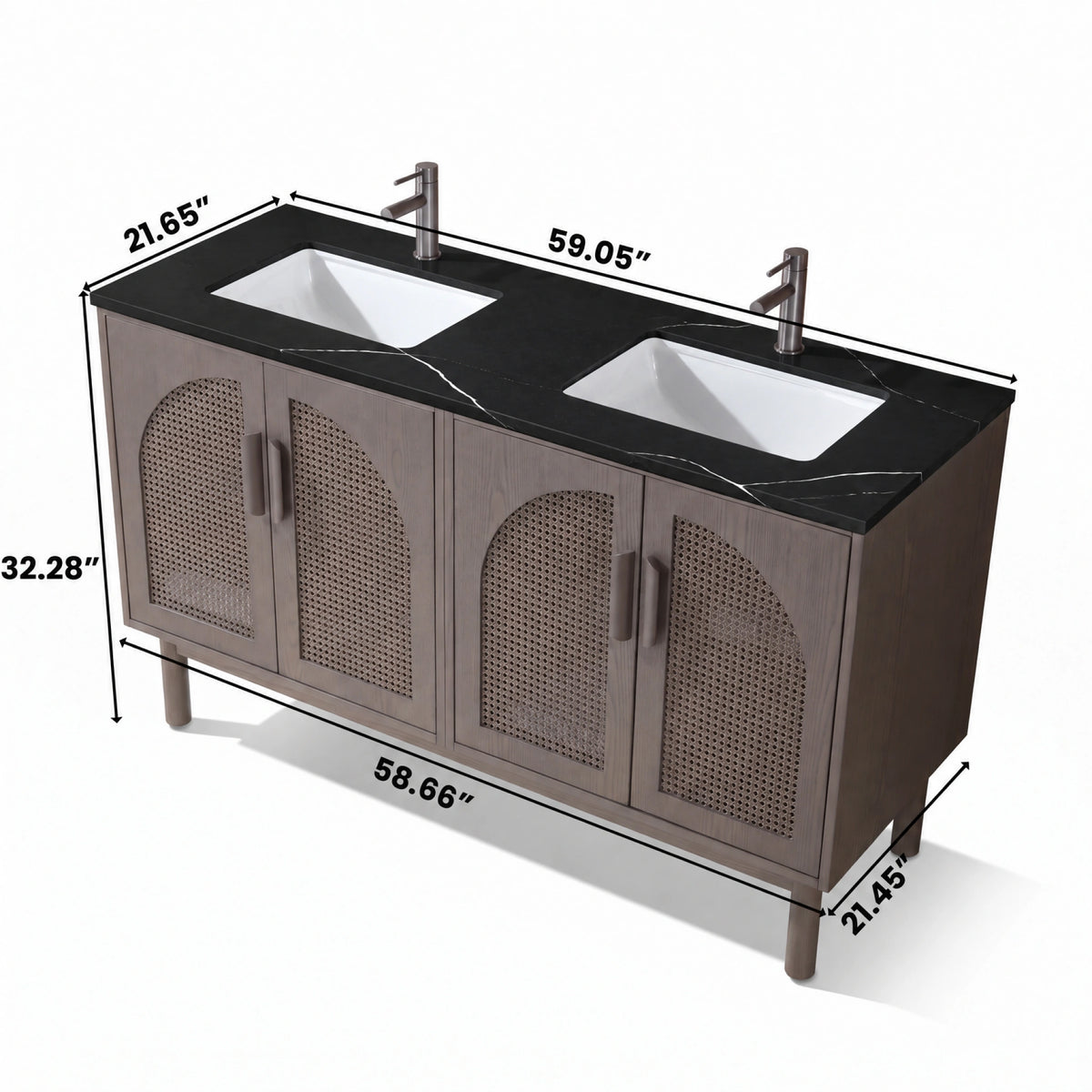 60" Chestnut Oak Freestanding Double Sinks Bathroom Vanity with Black Marquina Quartz Countertop