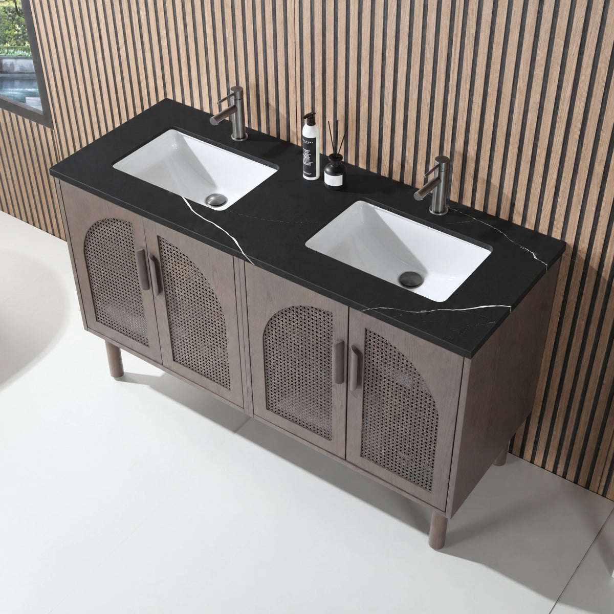 60" Chestnut Oak Freestanding Double Sinks Bathroom Vanity with Black Marquina Quartz Countertop