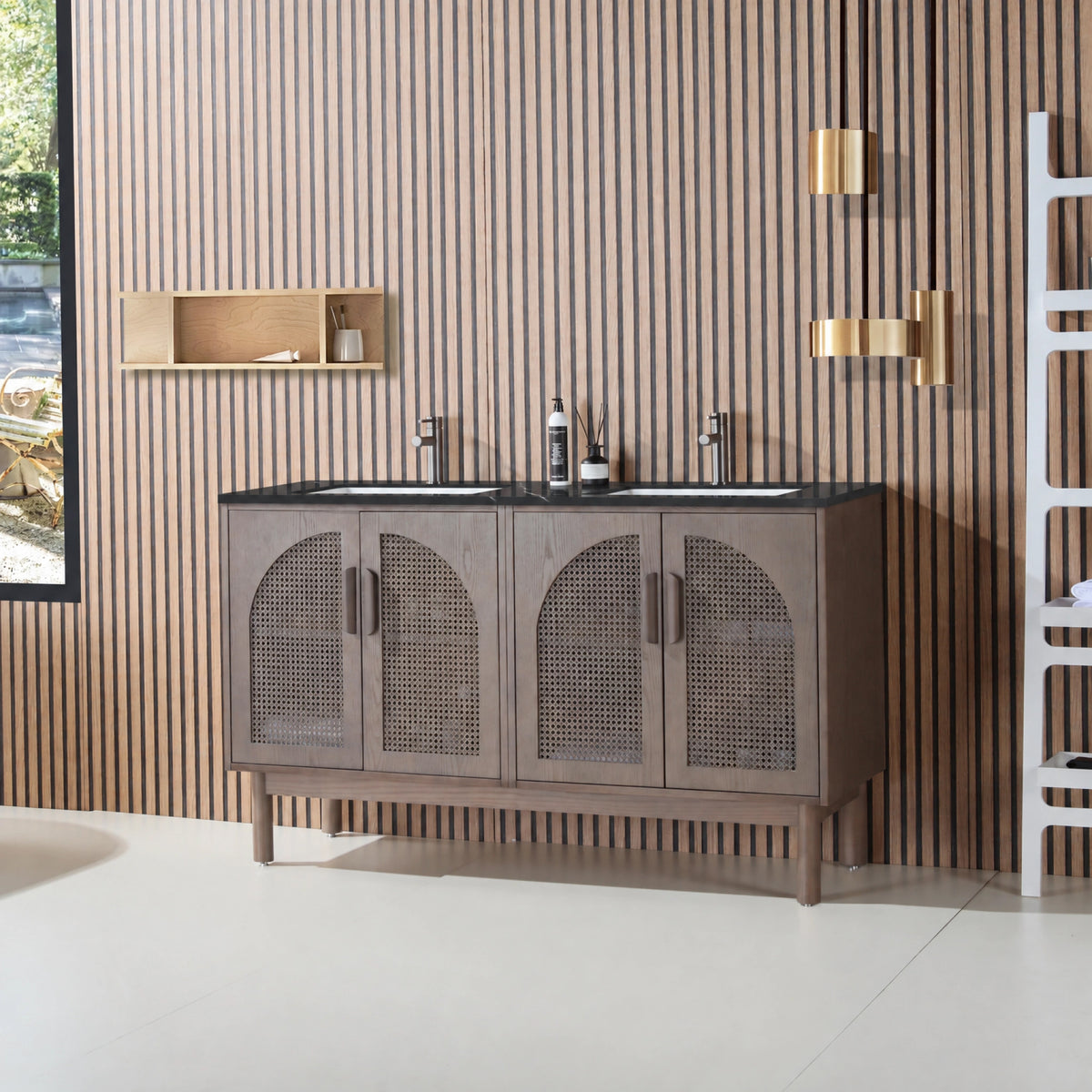60" Chestnut Oak Freestanding Double Sinks Bathroom Vanity with Black Marquina Quartz Countertop